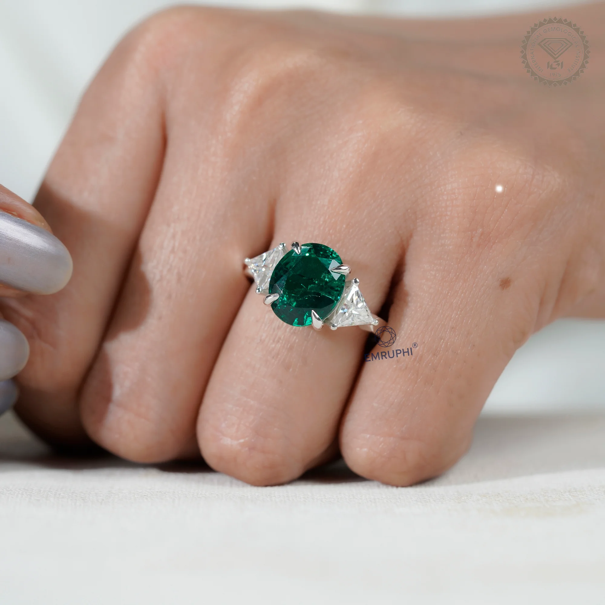 4.5 CT Oval Green Lab Grown Diamond Ring, Trillion Moissanite Sides — view 8