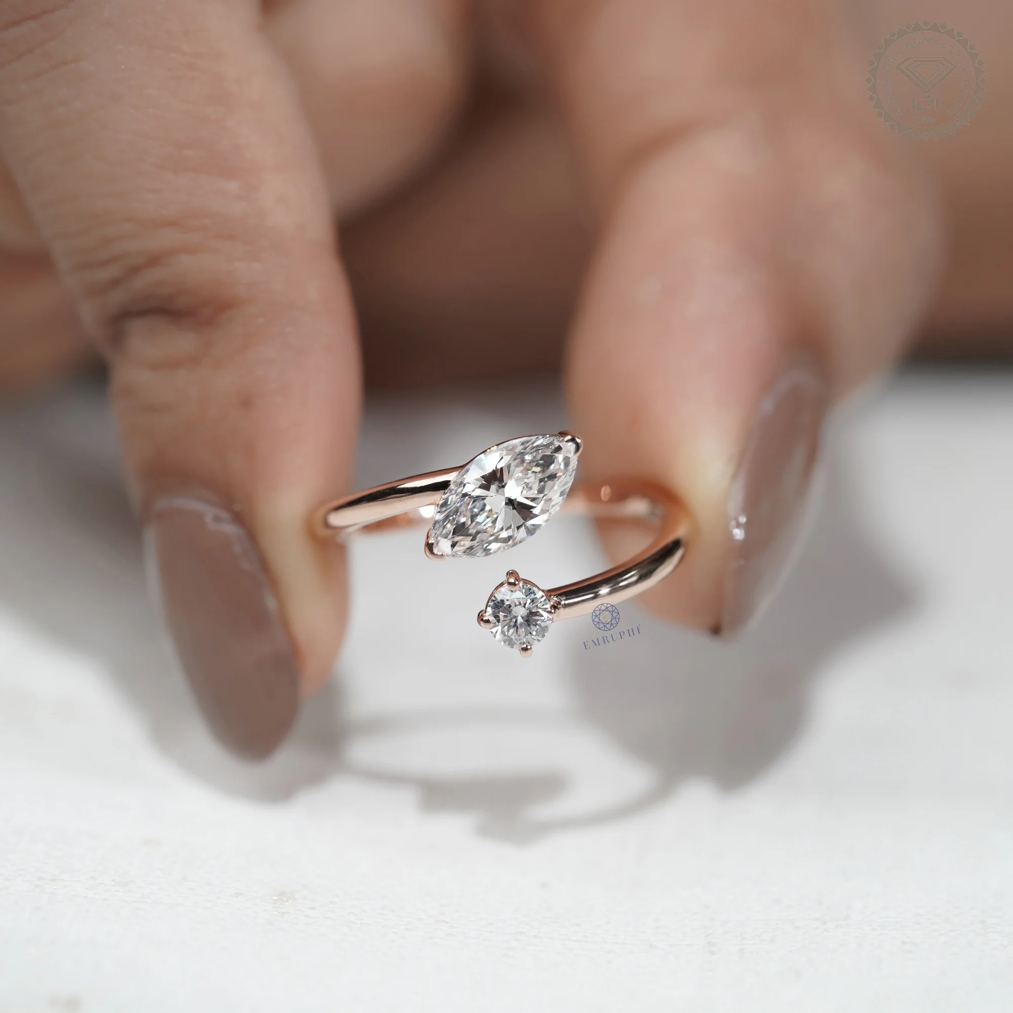 Marquise & Round Lab Grown Diamond Toi et Moi Ring, Open Wrap Engagement Ring, 14K Rose Gold Minimalist Bridal Ring — view 14
