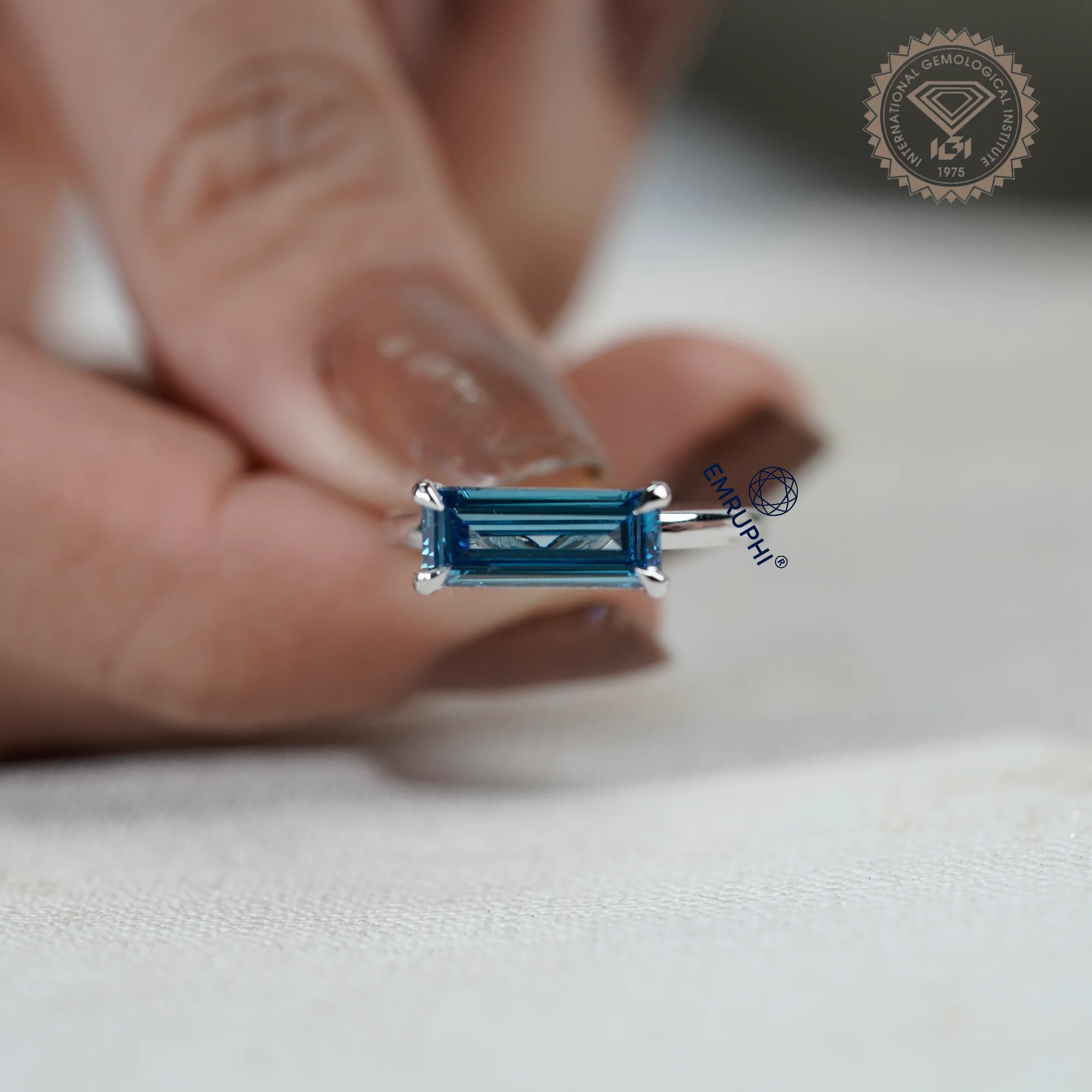 Baguette Diamond Solitaire Ring, Vivid Blue Lab Diamond Baguette — view 6