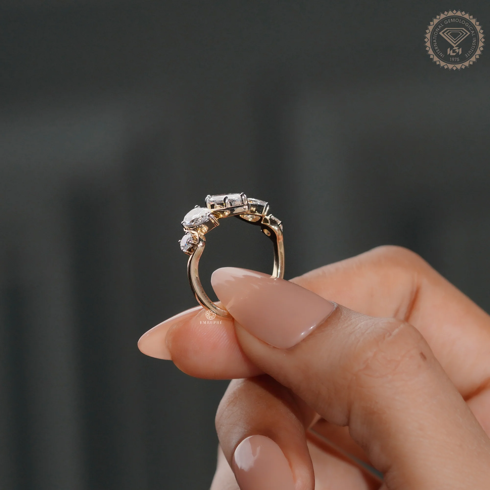 Marquise Pear Diamond Ring, Five Stone Cluster Engagement Ring, Two Tone Gold Wave Band — view 5