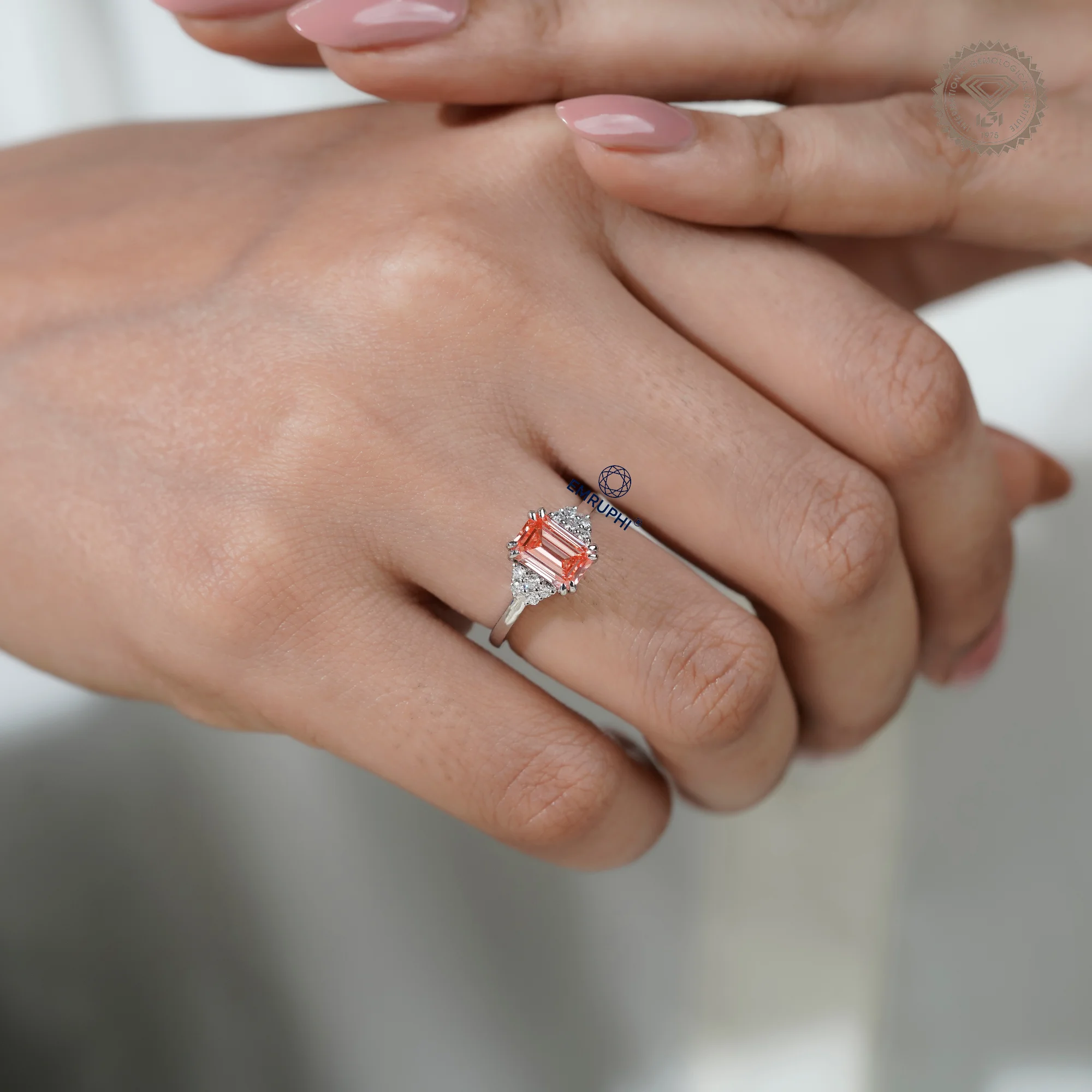 Emerald Cut Vivid Pink Lab-Grown Diamond Cluster Ring, Nature Inspired Ring, Emerald Cluster Ring, Emerald Wedding Ring in 18k Gold — view 12