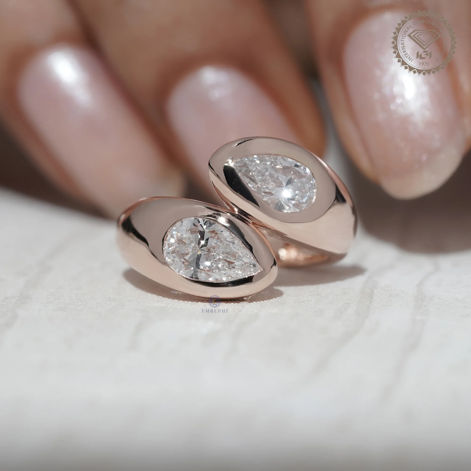 Pear Shape Bezel Lab Grown Diamond Toi et Moi Ring, Modern Open Wrap Engagement Ring, 14K Rose Gold Statement Ring — view 7