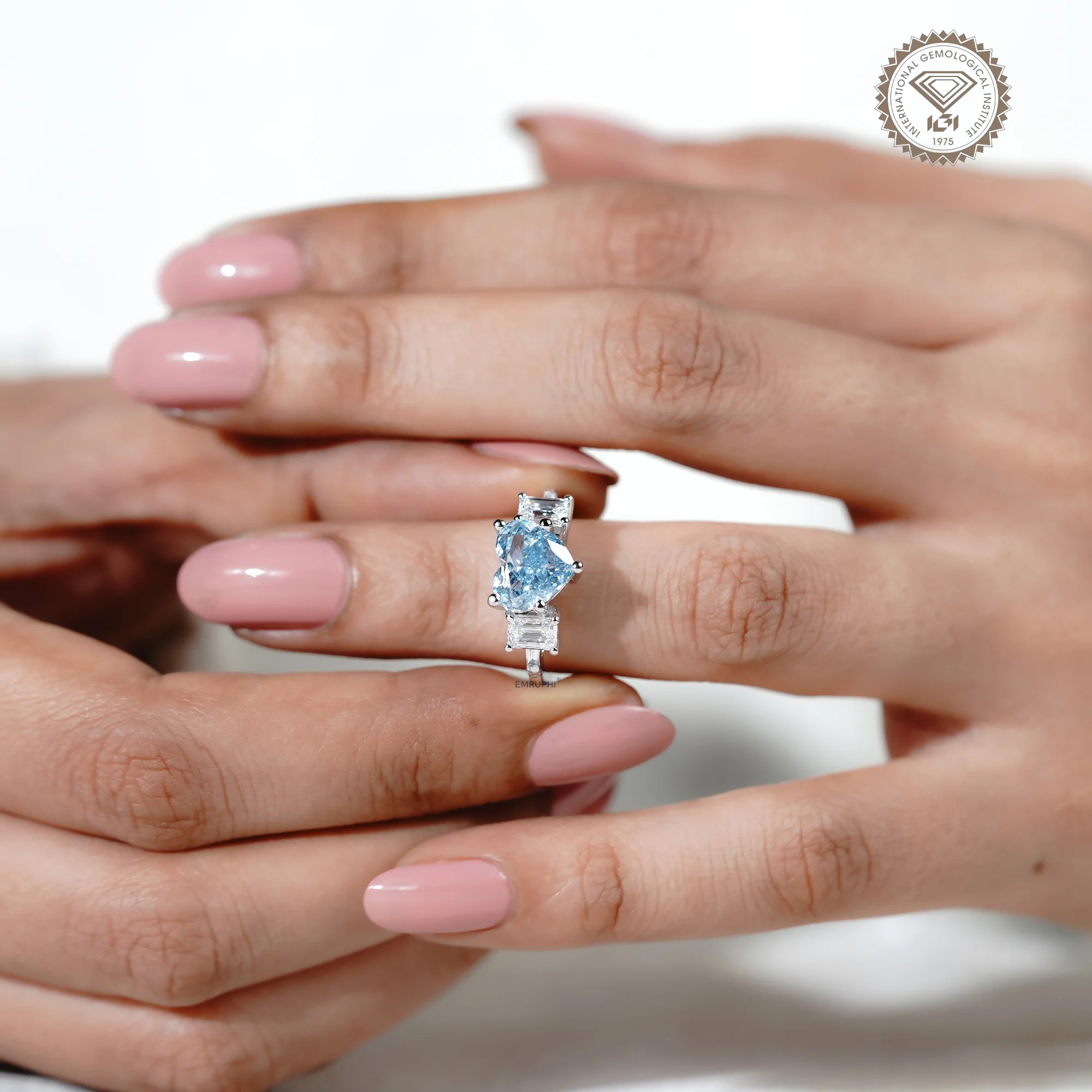 Heart Cut Vivid Blue Lab Diamond Ring, 14k Gold Emerald Accented Engagement Ring — view 5