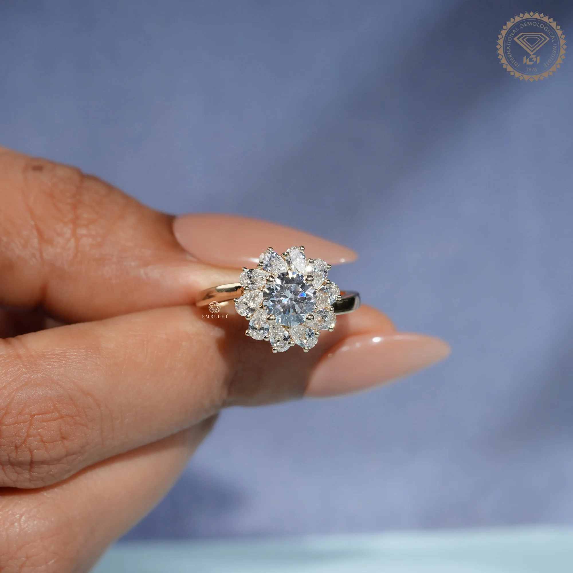 Round Cut Lab Grown Diamond Floral Halo Ring, Pear Diamond Sunburst Engagement Ring — view 8