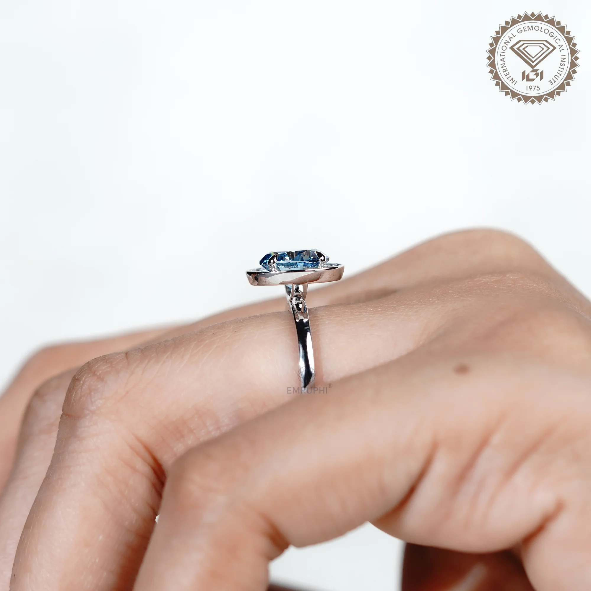 2.00 CT Vivid Blue Round Cut Wedding Ring, Bezel Diamond Engagement Ring, Color Lab Grown Diamond Ring — view 10