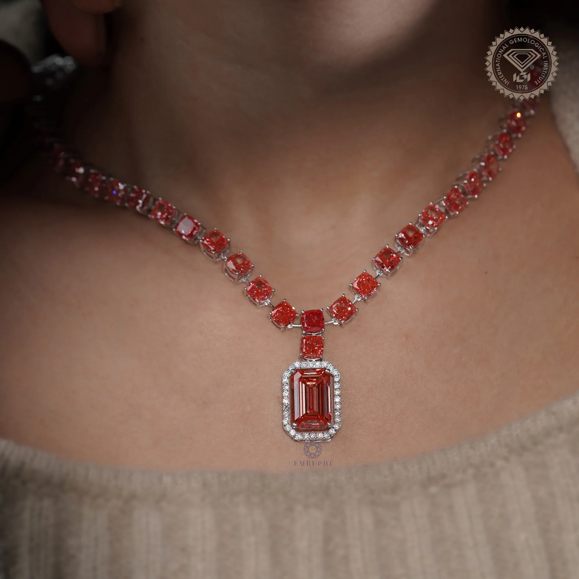 7.25 CT Vivid Pink Emerald Cut Halo Pendant Necklace, Cushion Tennis Necklace — view 8