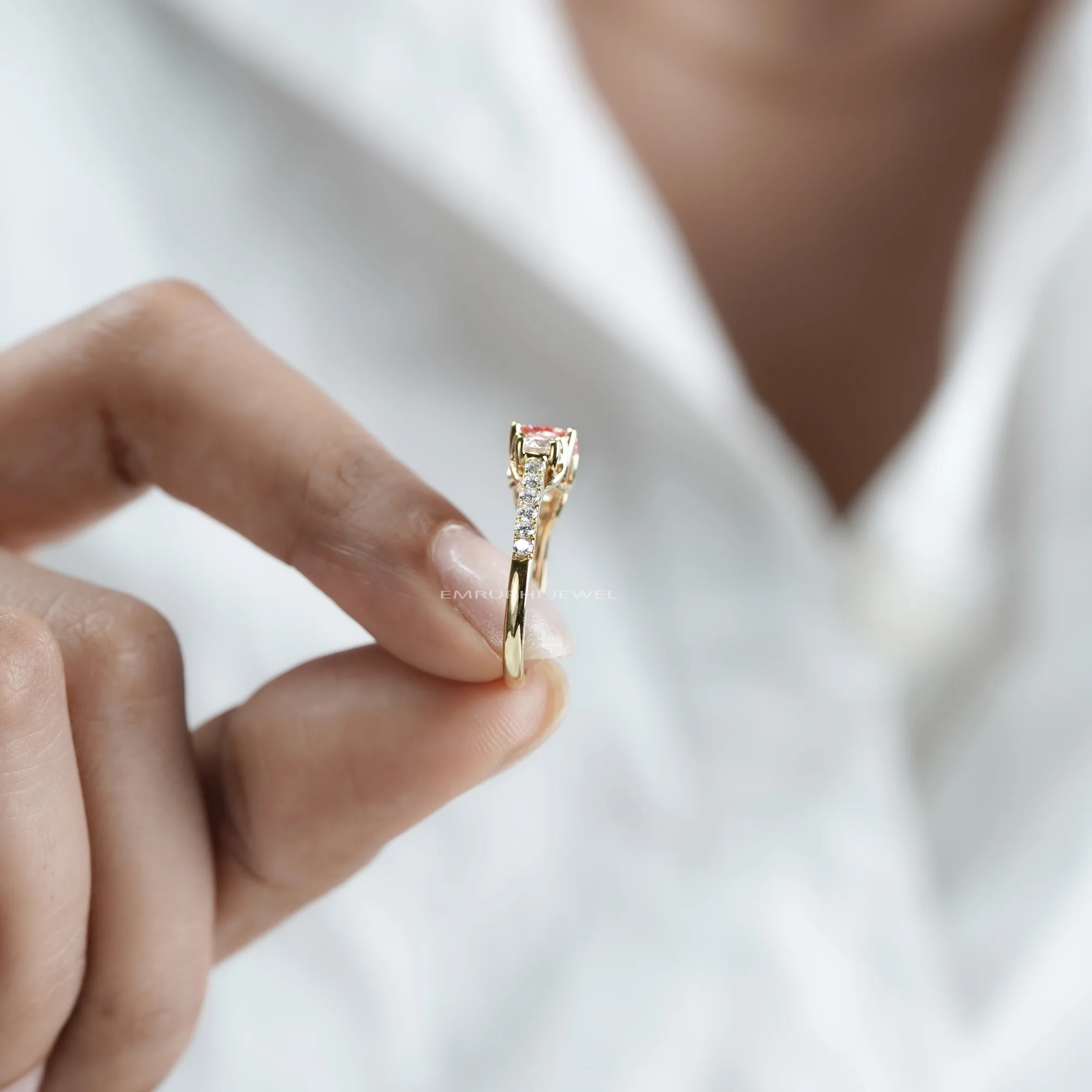 Pink Cushion Lab Grown Diamond Ring, 14K Yellow Gold Three Stone Engagement (IGI Certified) — view 10