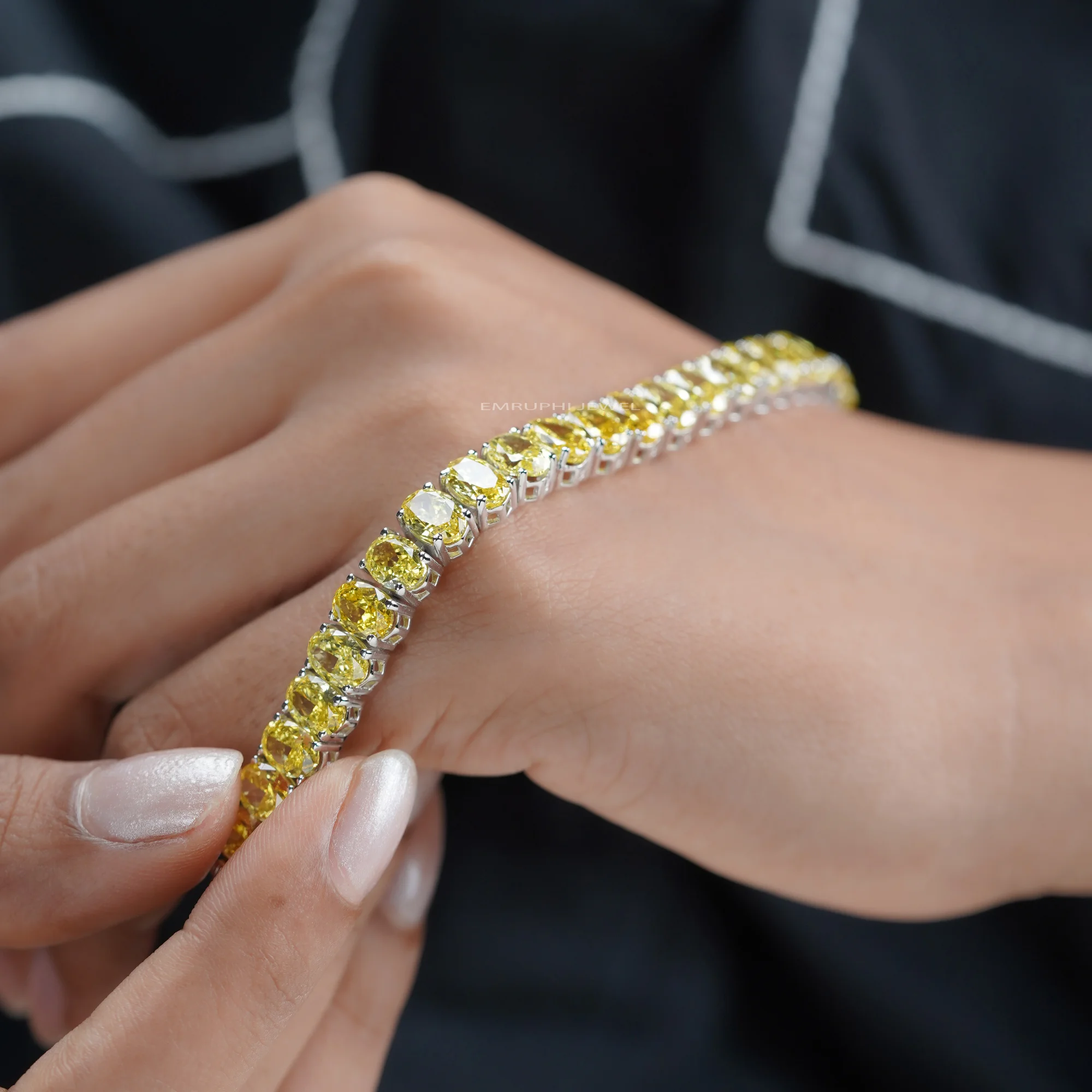 Yellow Oval Lab Grown Diamond Tennis Bracelet, Oval Cut Solitaire Tennis Bracelet in Gold — view 12
