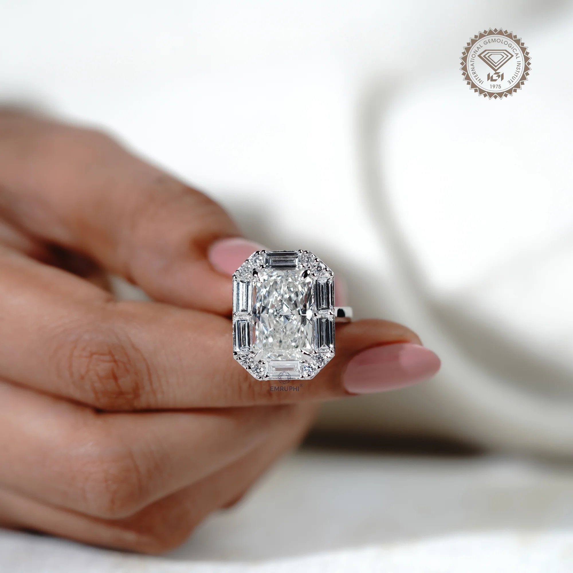 Radiant Cut Lab Grown Halo Diamond Ring, Baguette Diamond Halo Wedding Ring, Conflict Free Diamond — view 6