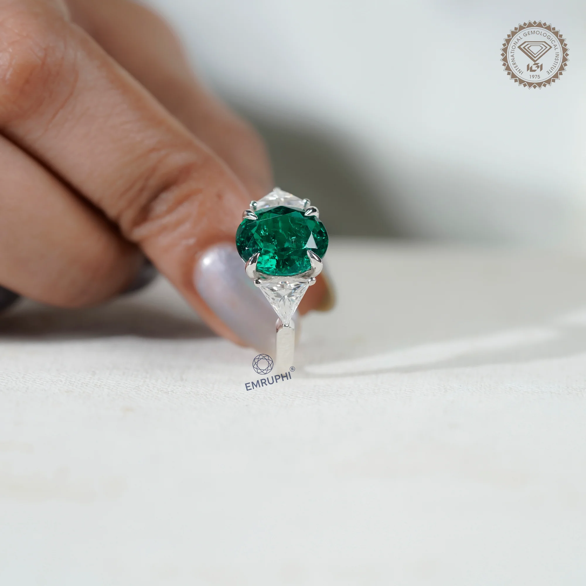 4.5 CT Oval Green Lab Grown Diamond Ring, Trillion Moissanite Sides — view 6