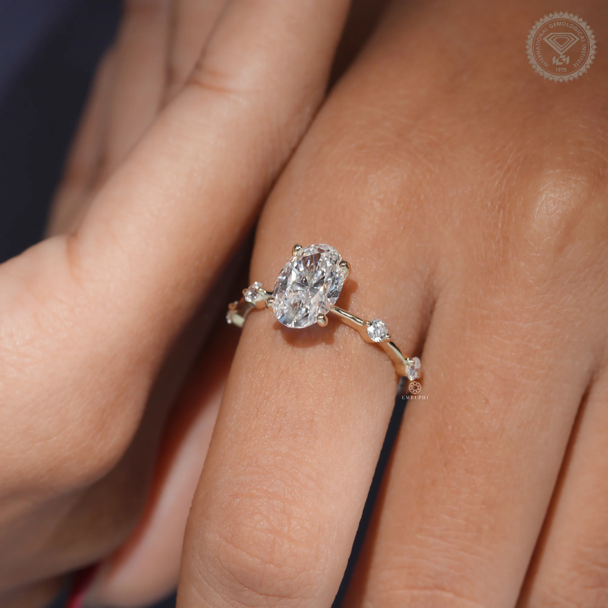 Oval Cut Lab Grown Diamond Engagement Ring, Distance Band Oval Ring, Floating Diamond Shank — view 11