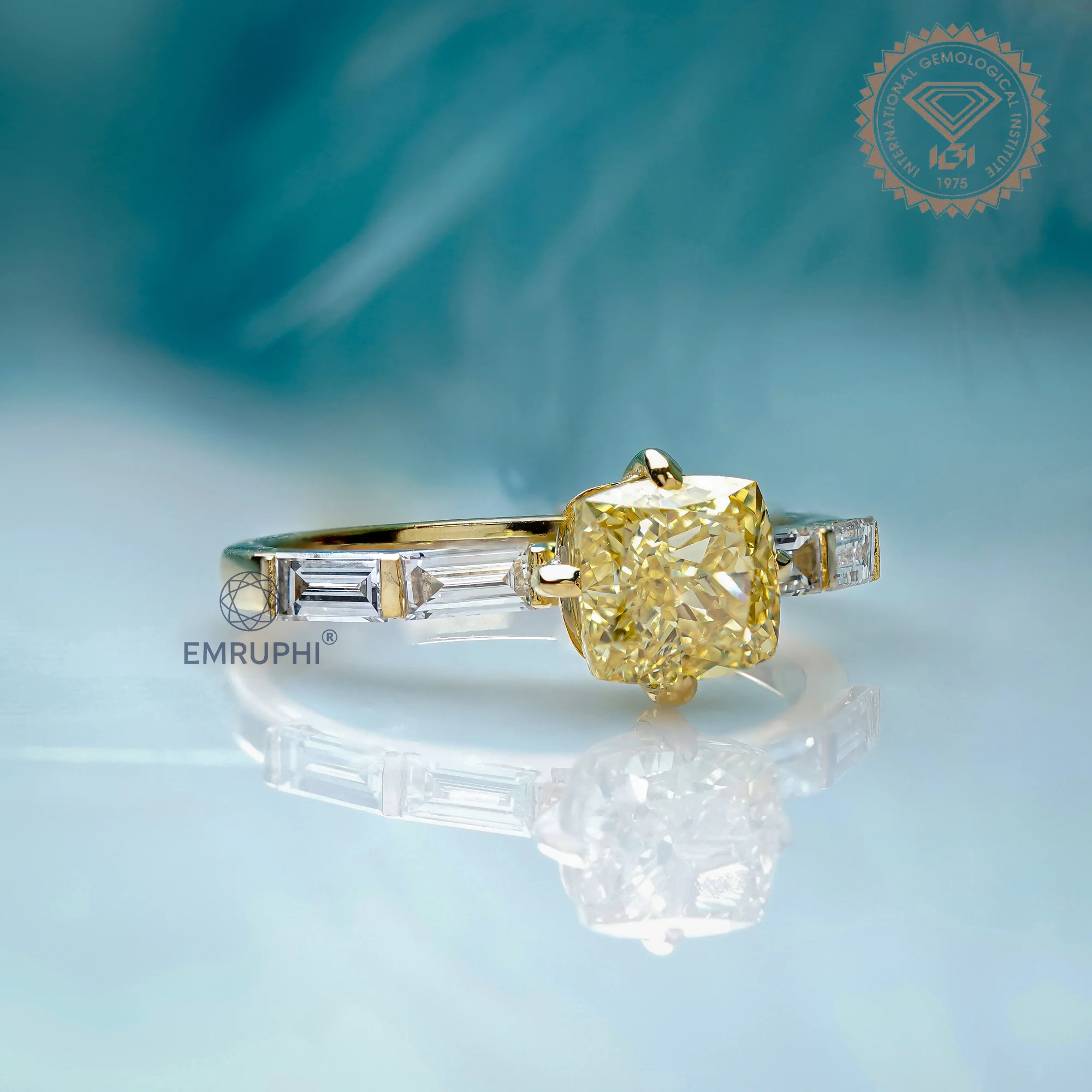 1.5 CT Vivid Yellow Cushion Cut Lab Diamond Ring, 18k Gold Baguette Side Stones — view 2