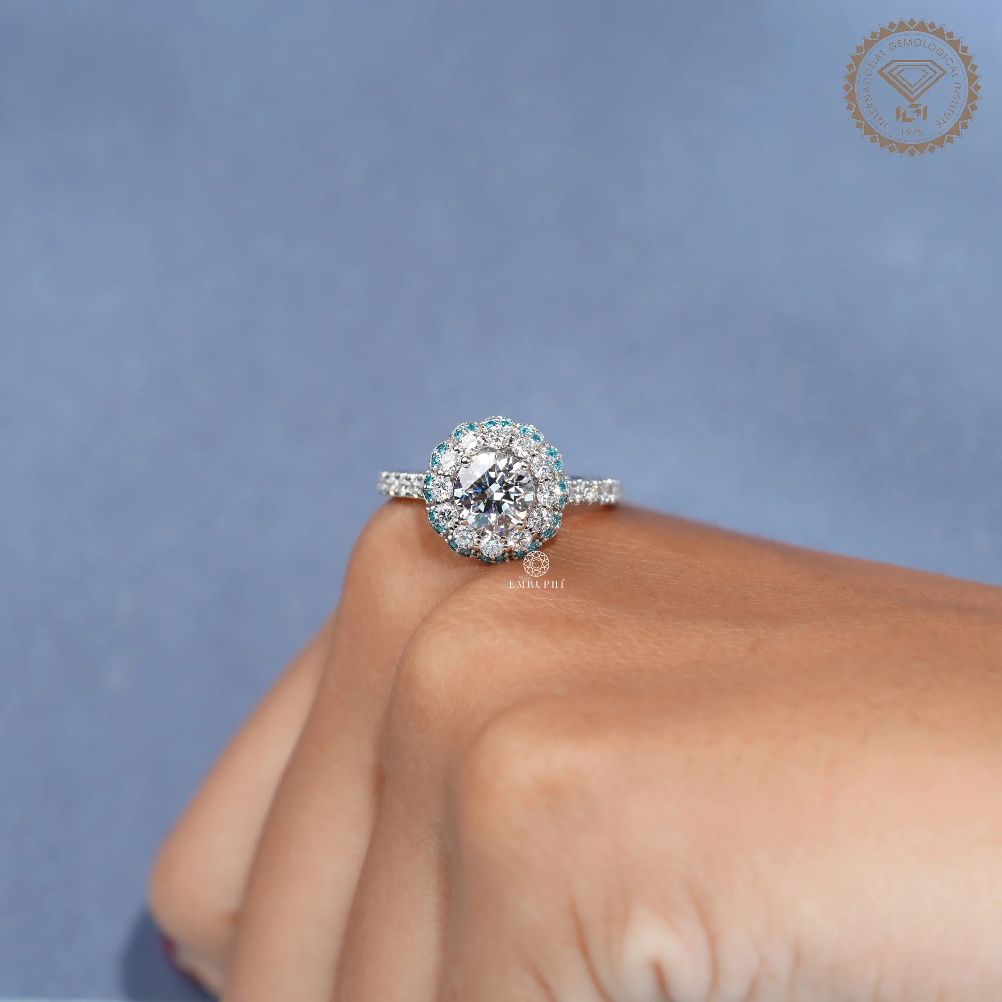 1.20 CT Round Diamond Halo Ring, Blue Diamond Floral Halo Engagement Ring, IGI Certified Diamond — view 9