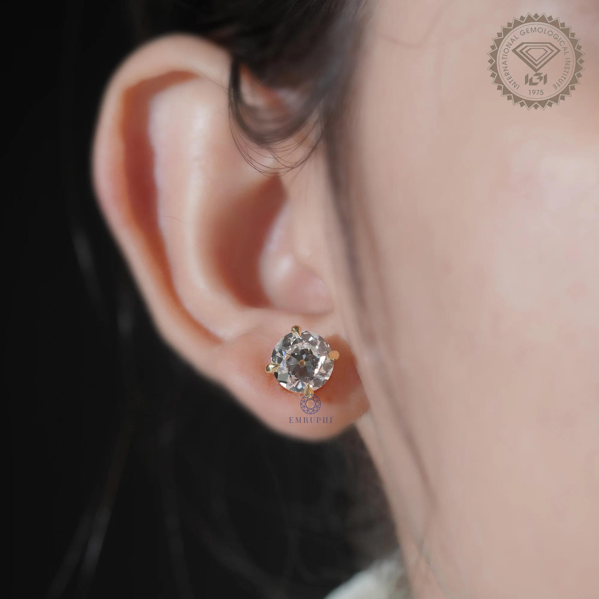Round Old Mine Stud Earrings in 14k Yellow Gold, Solitaire Stud For Women — view 7