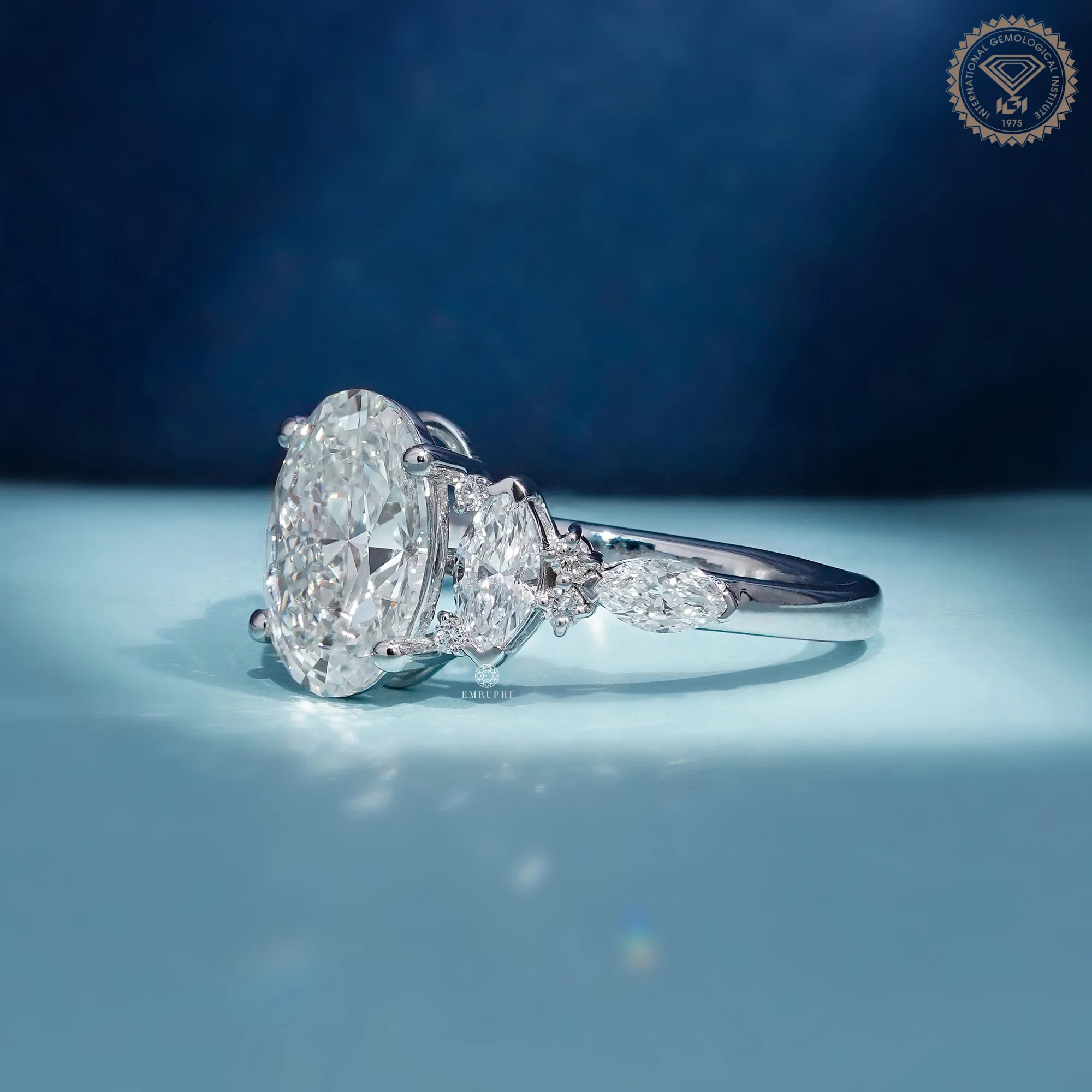 Oval Cut Lab Grown Diamond Engagement Ring, IGI Certified, Marquise Side Stones — view 2