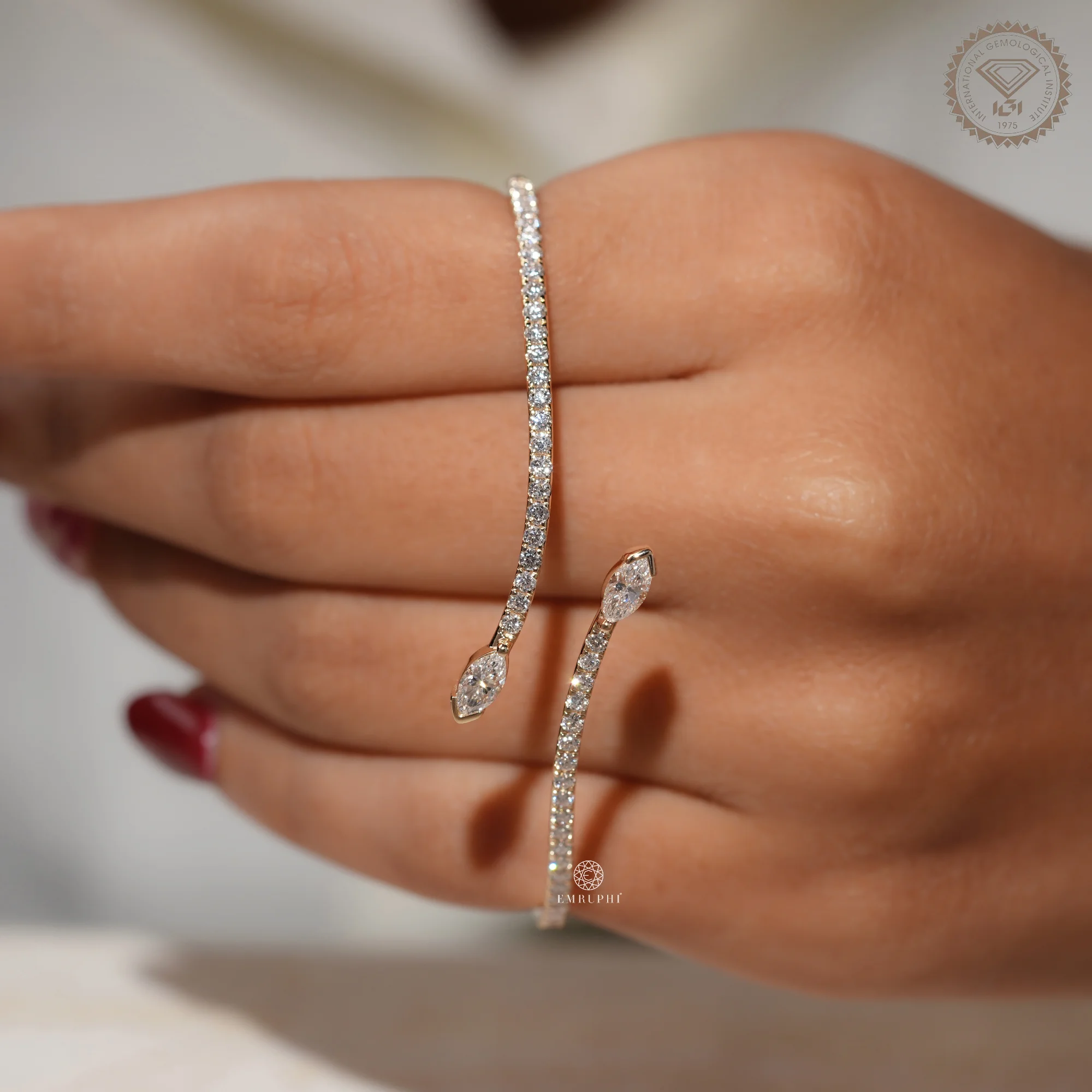 Open Cuff Diamond Bangle Bracelet, Marquise Pave Bracelet, 14K Cross Over Bangle — view 6