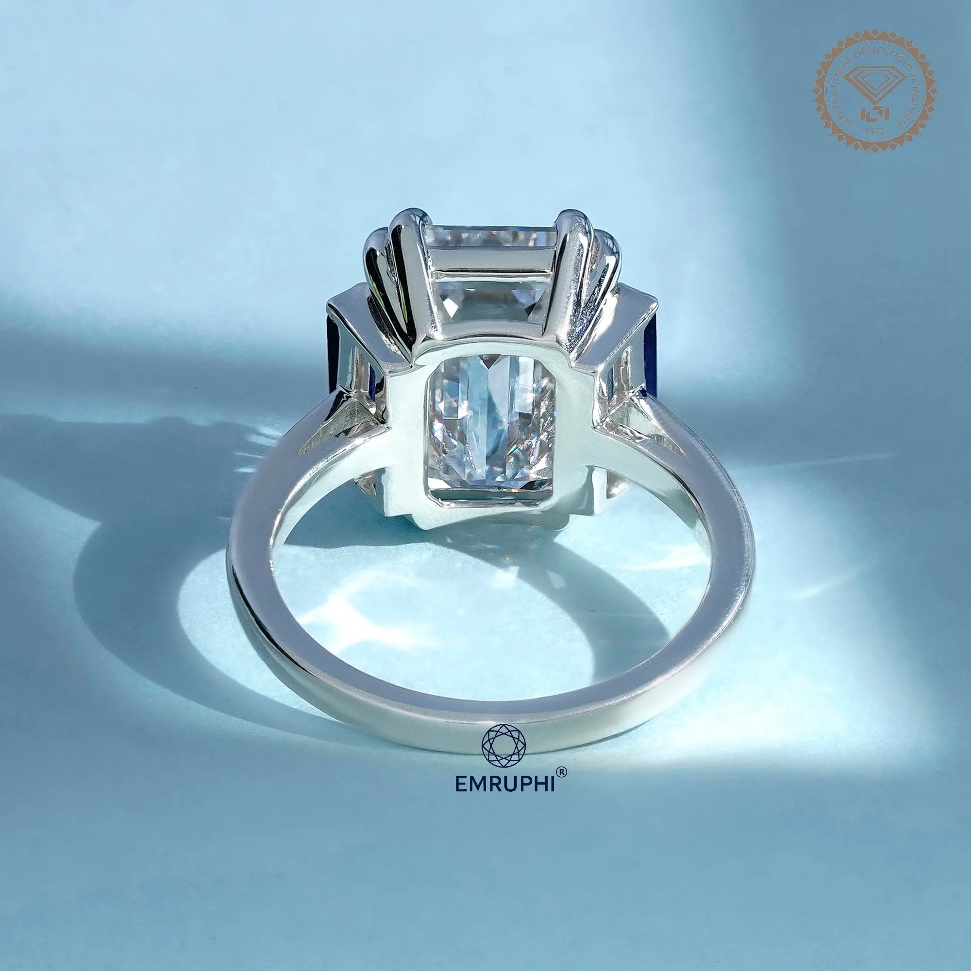 6 CT Emerald Cut Three Stone Engagement Ring with Sapphire Side Stones, Lab Grown Diamond Ring, Vintage Bridal Ring — view 4