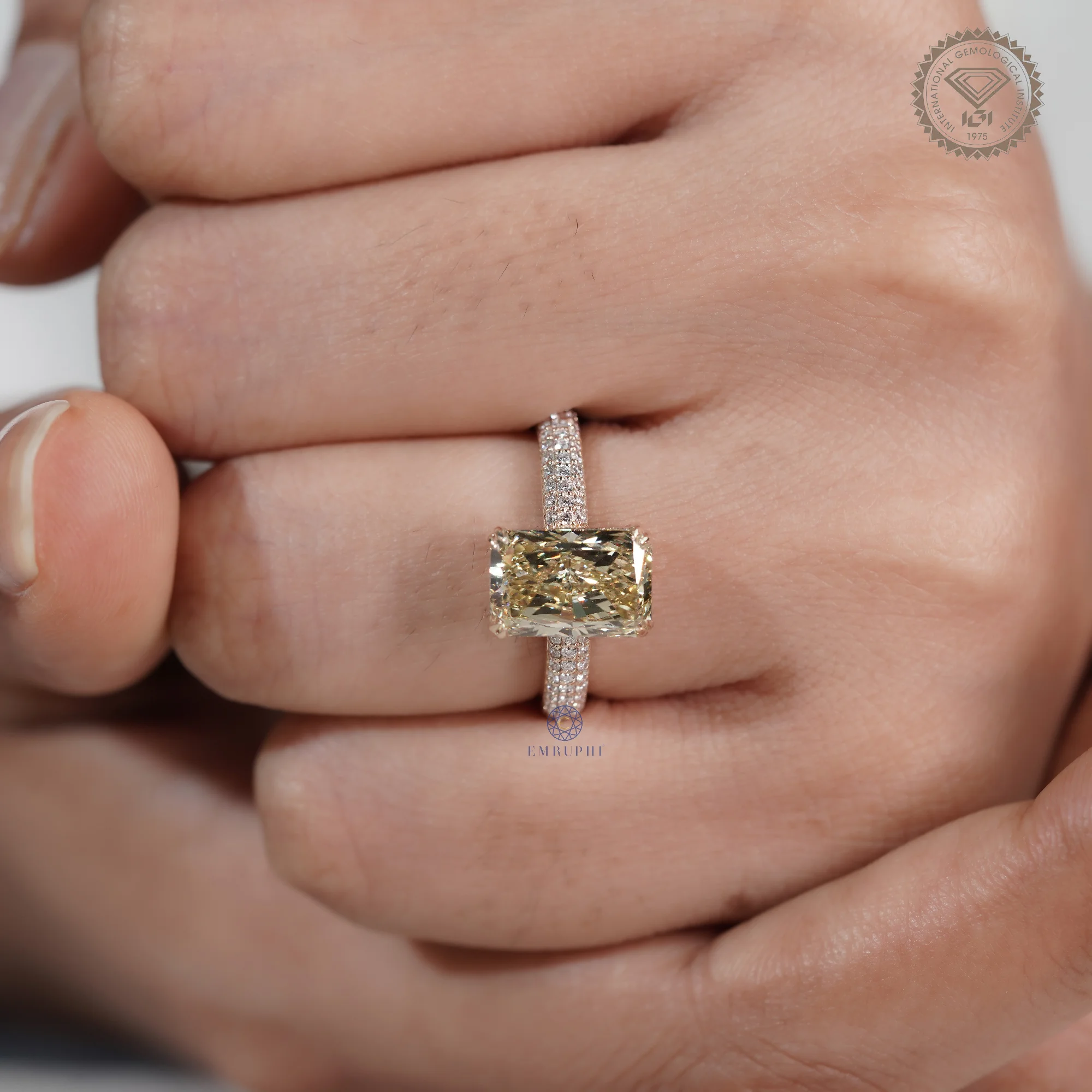 3 CT Radiant Cut Yellow Lab Grown Diamond Ring, Fancy Yellow Engagement Ring, Pave Band Diamond Ring — view 9