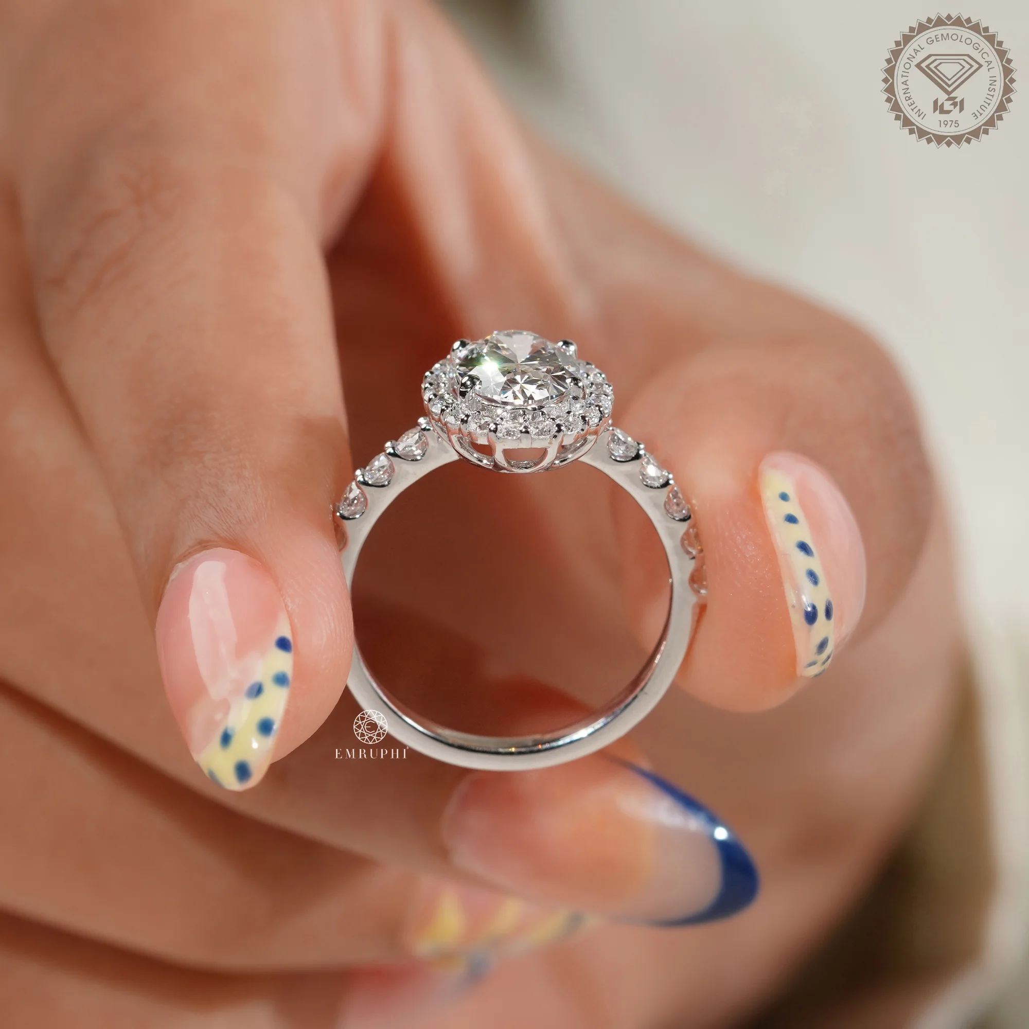 Oval Cut Diamond Halo Engagement Ring, IGI Certified, Pavé Diamond Band, Classic Halo Ring — view 6