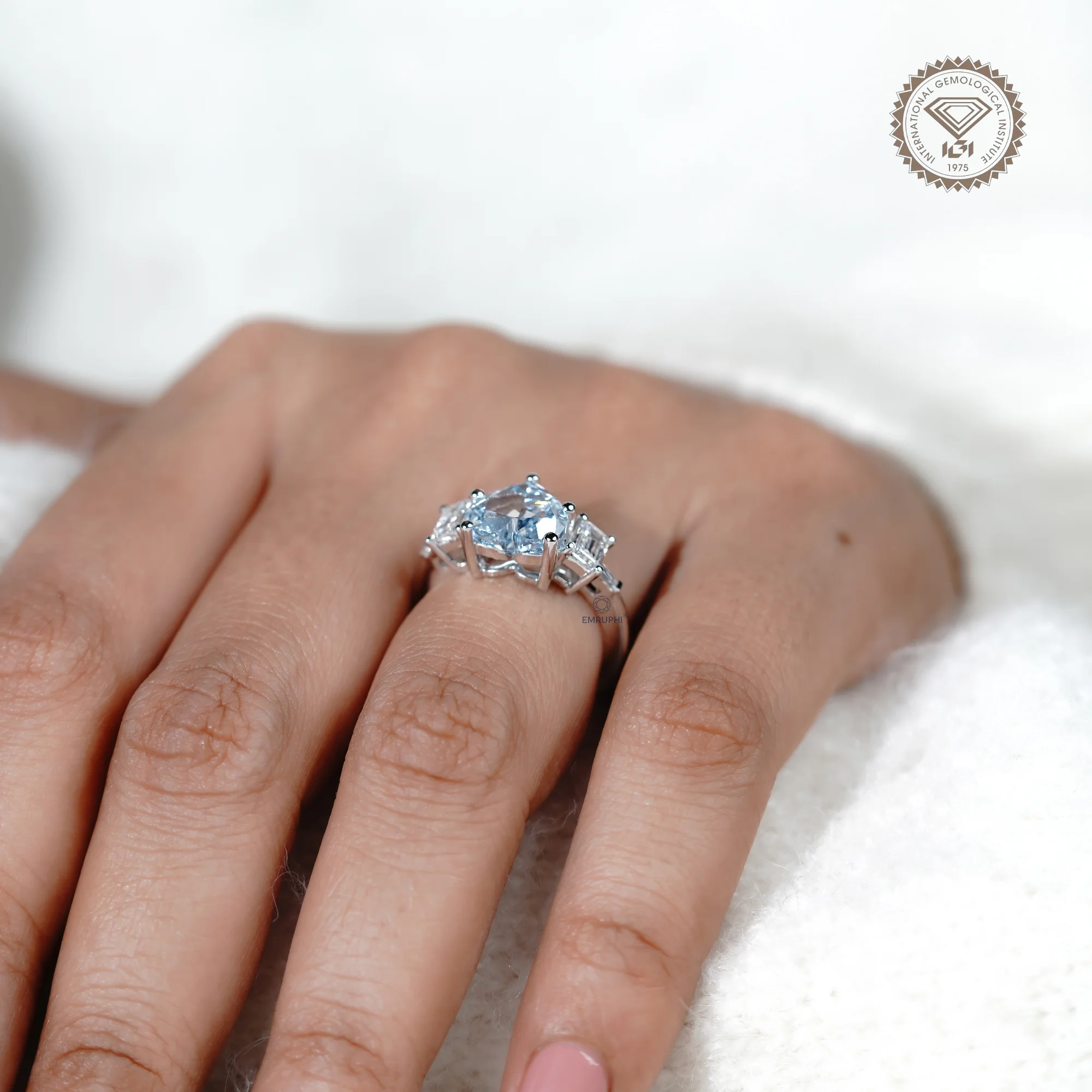 Heart Cut Vivid Blue Lab Diamond Ring, 14k Gold Emerald Accented Engagement Ring — view 12