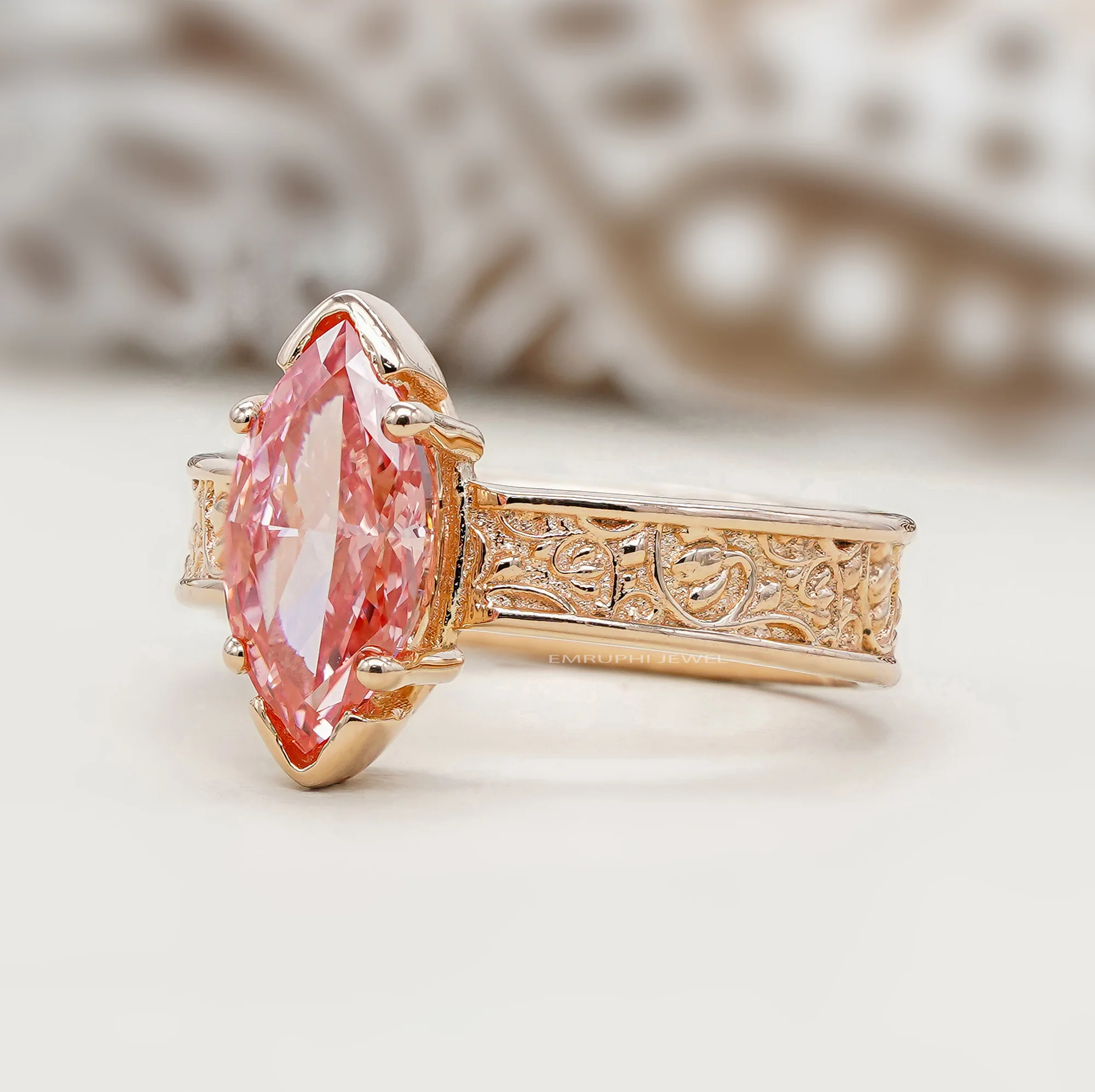 14K Gold Marquise Pink Lab Diamond Ring, 2.00 CT Vintage Engagement Ring, IGI Certified — view 2