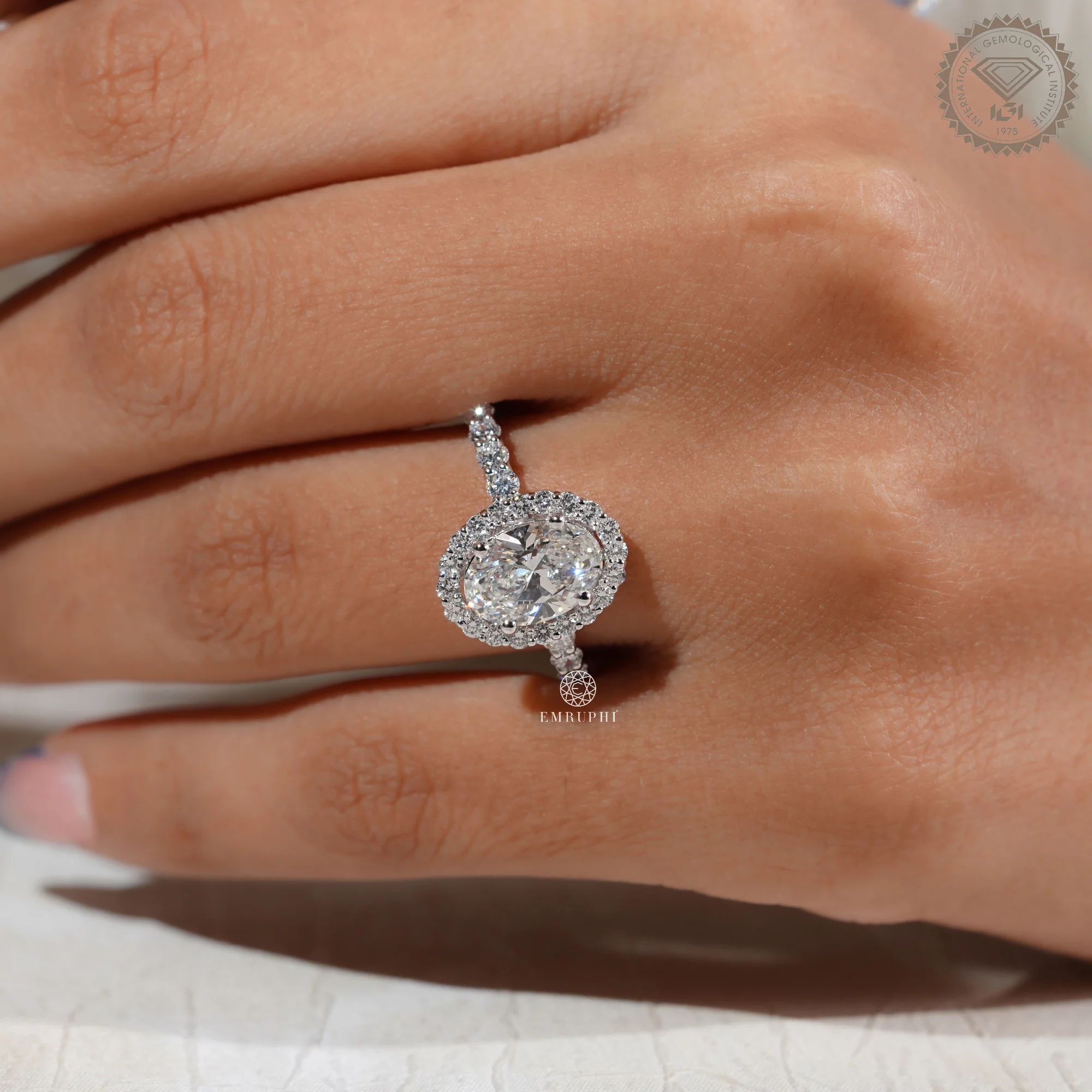 Oval Cut Diamond Halo Engagement Ring, IGI Certified, Pavé Diamond Band, Classic Halo Ring — view 10