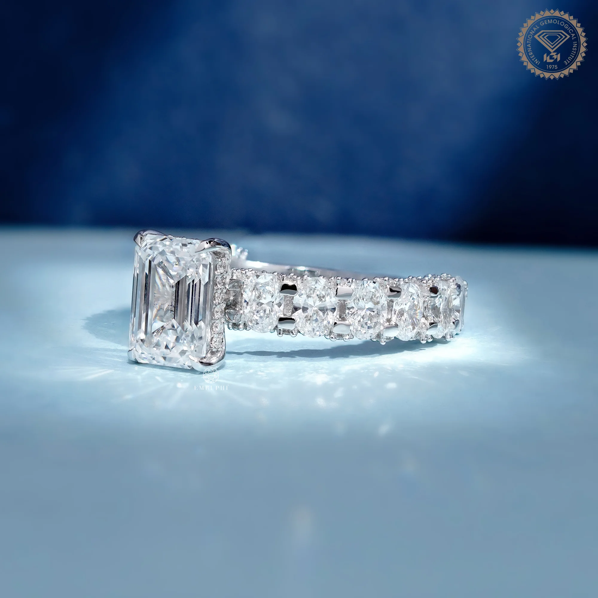 Emerald Cut Lab Grown Diamond Engagement Ring, Diamond Eternity Band — view 2