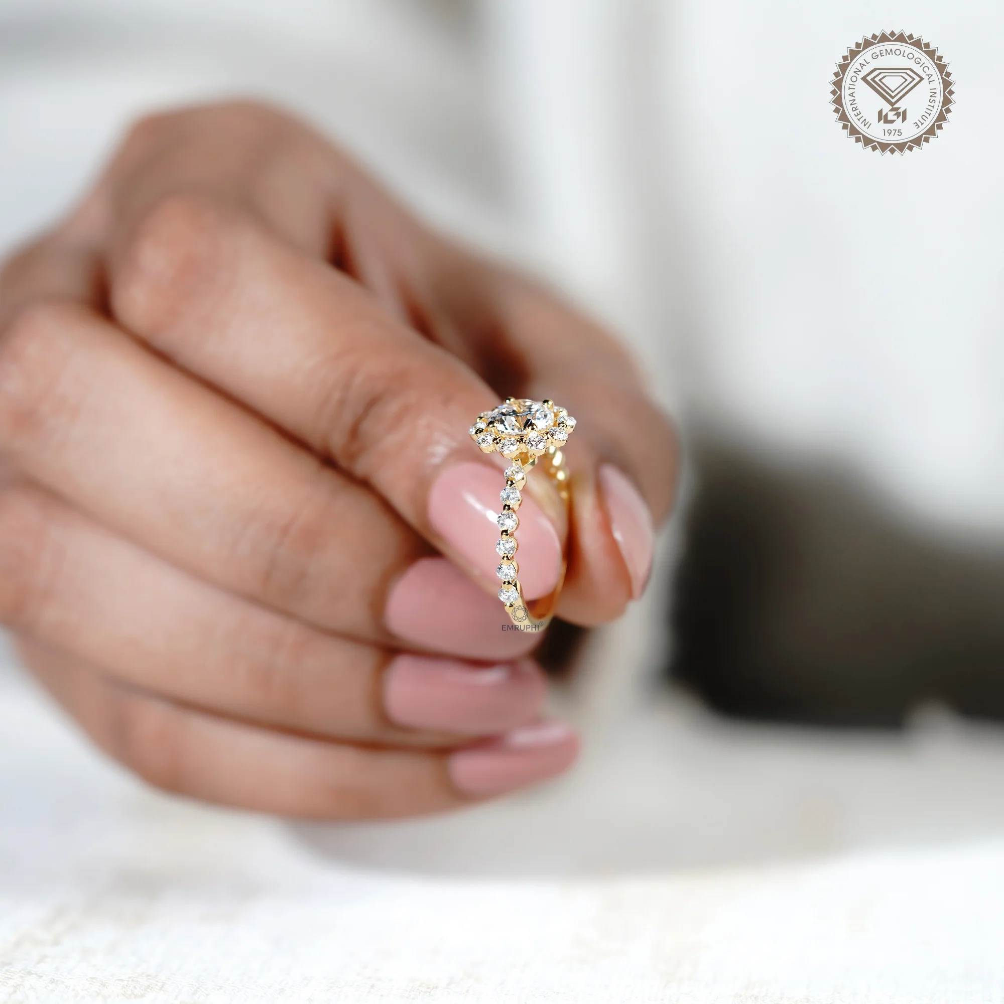 1.00 CT Round Lab Grown Diamond Halo Engagement Ring, 18k Gold Wedding Band — view 6