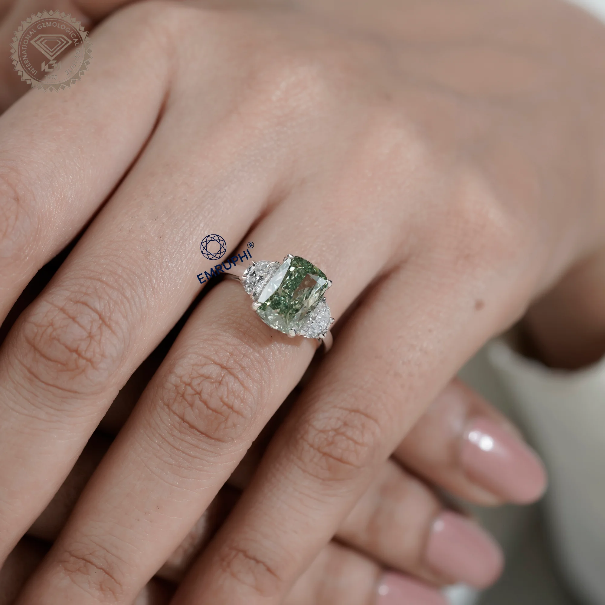 Vivid Green Cushion Diamond Three Stone Ring, 14K Gold Engagement Ring (IGI Certified) — view 13