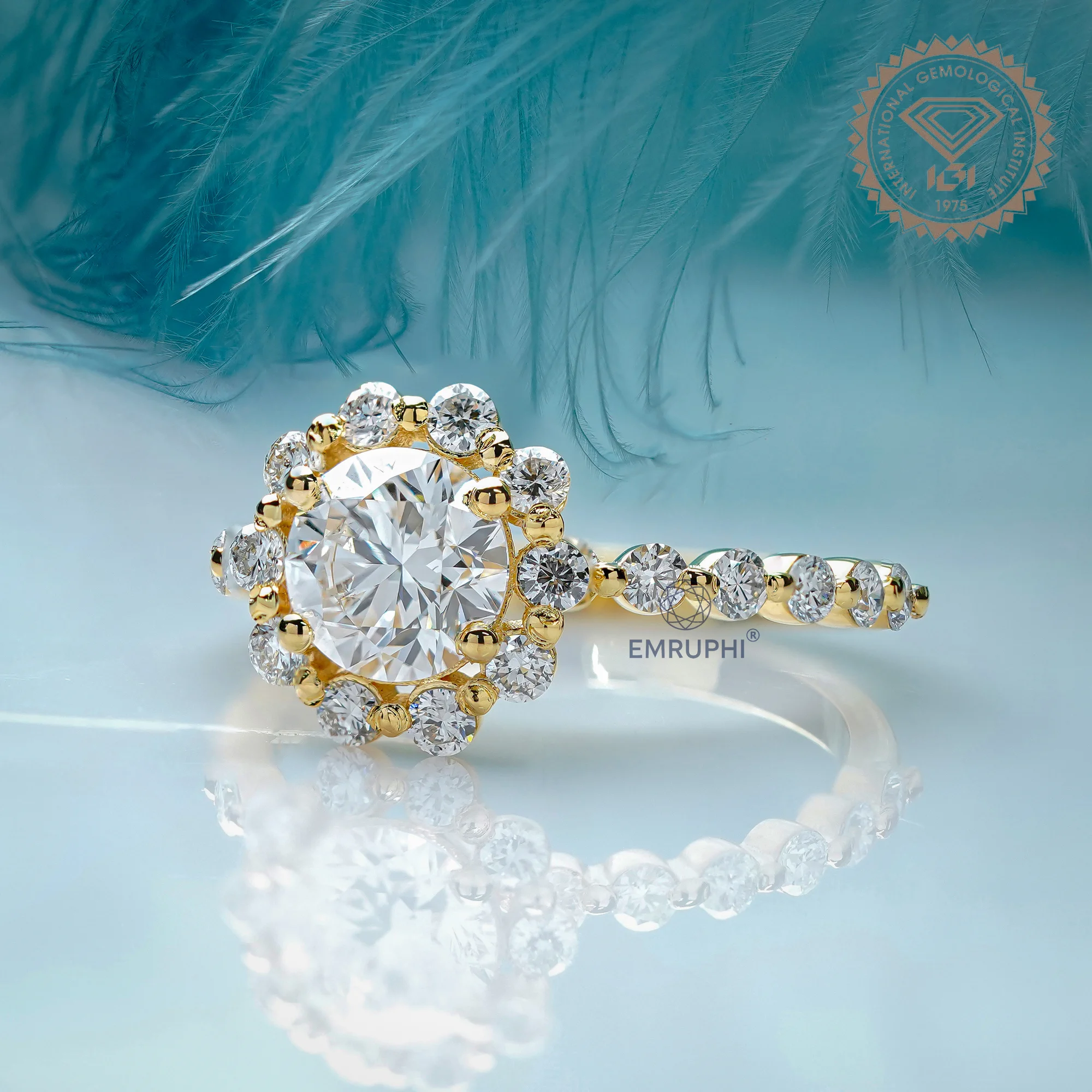 1.00 CT Round Lab Grown Diamond Halo Engagement Ring, 18k Gold Wedding Band — view 2