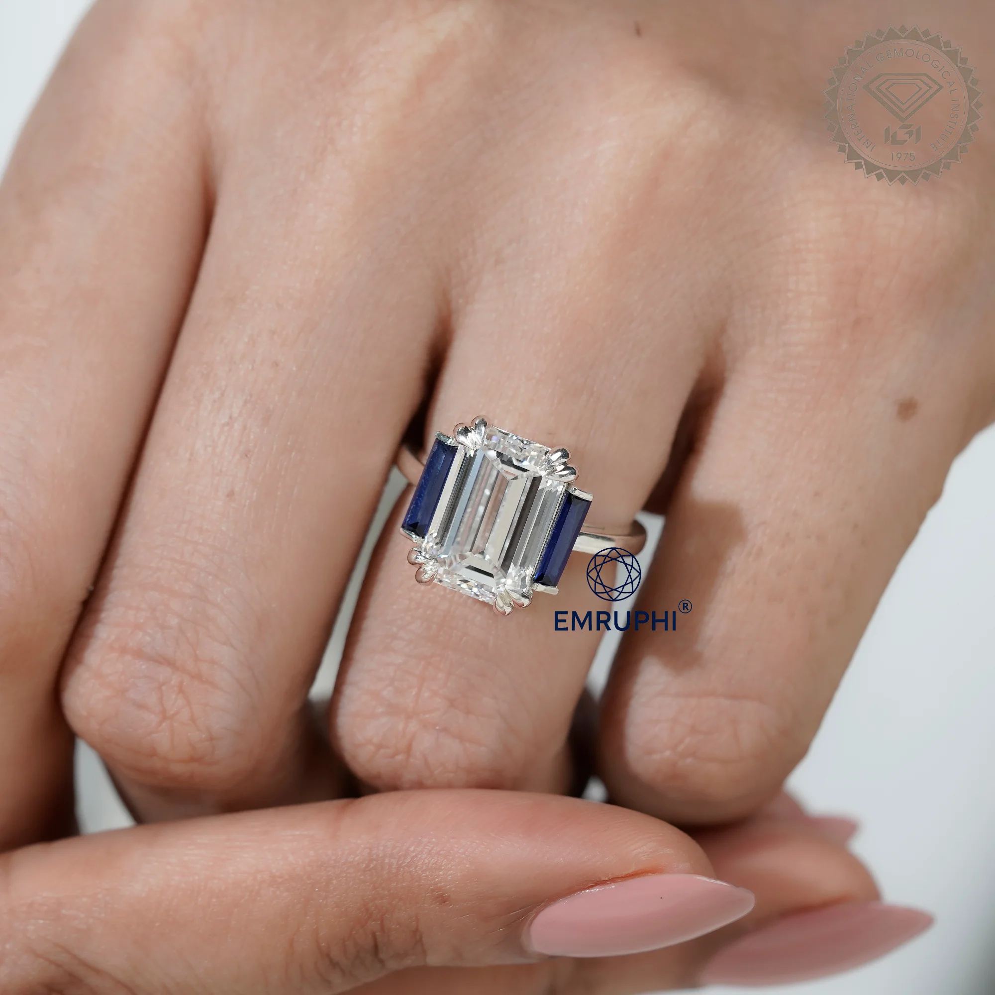 6 CT Emerald Cut Three Stone Engagement Ring with Sapphire Side Stones, Lab Grown Diamond Ring, Vintage Bridal Ring — view 10