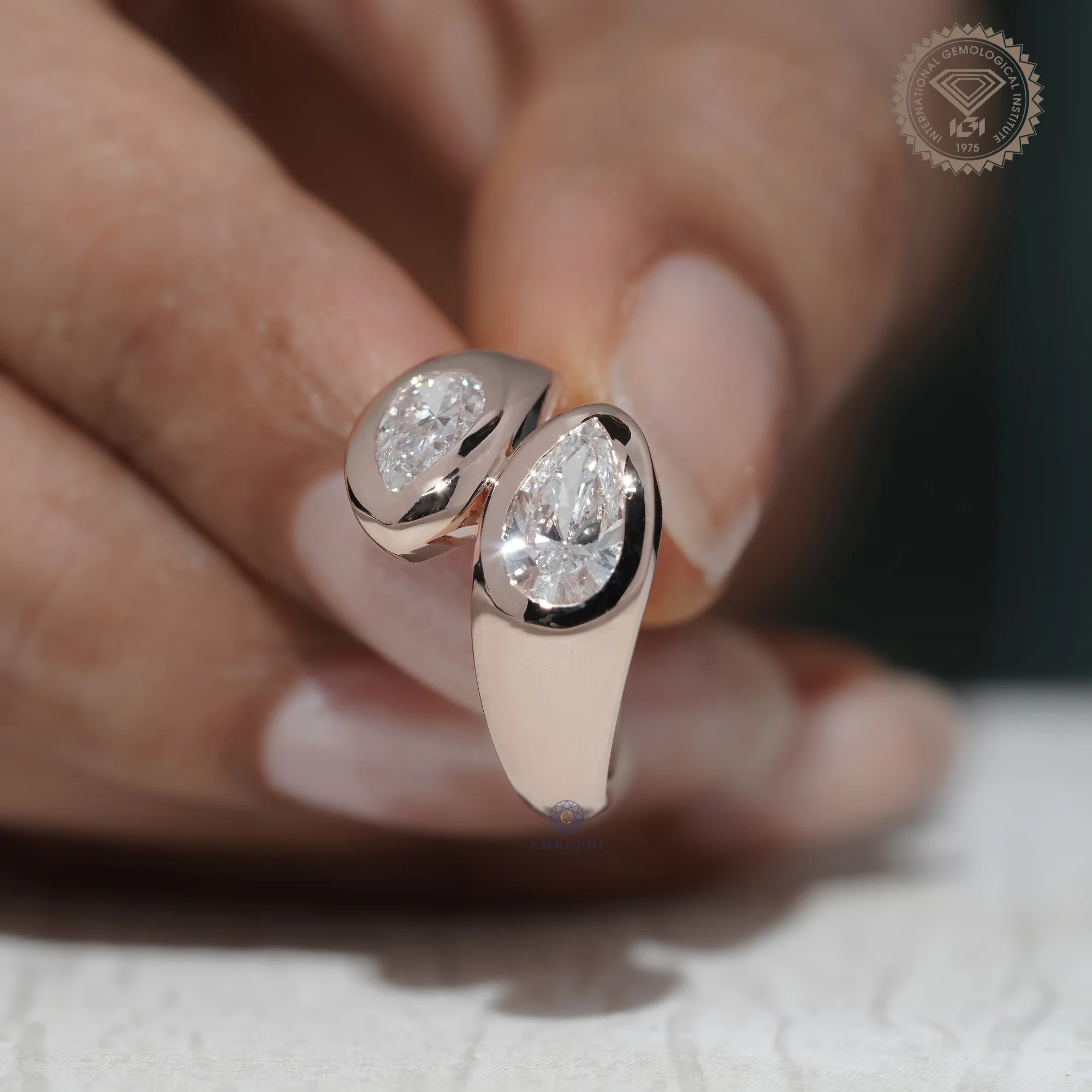 Pear Shape Bezel Lab Grown Diamond Toi et Moi Ring, Modern Open Wrap Engagement Ring, 14K Rose Gold Statement Ring — view 6