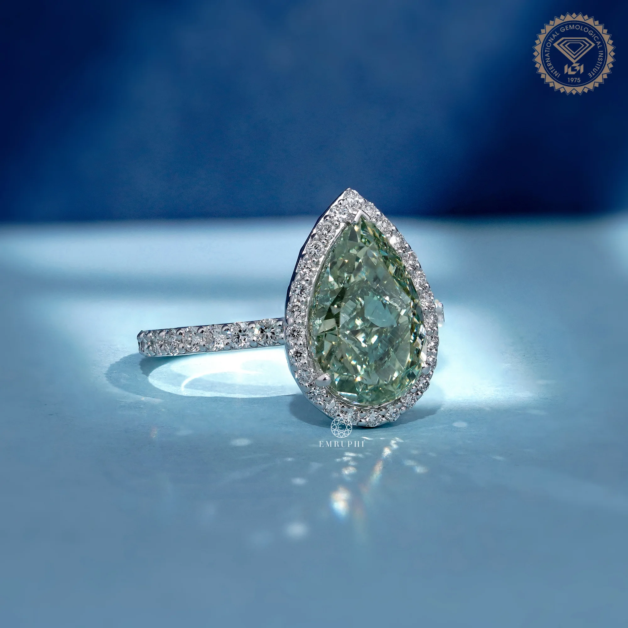 3.5 CT Pear Vivid Green Lab Grown Diamond Halo Ring, IGI Certified, Green Diamond Engagement Ring — view 3
