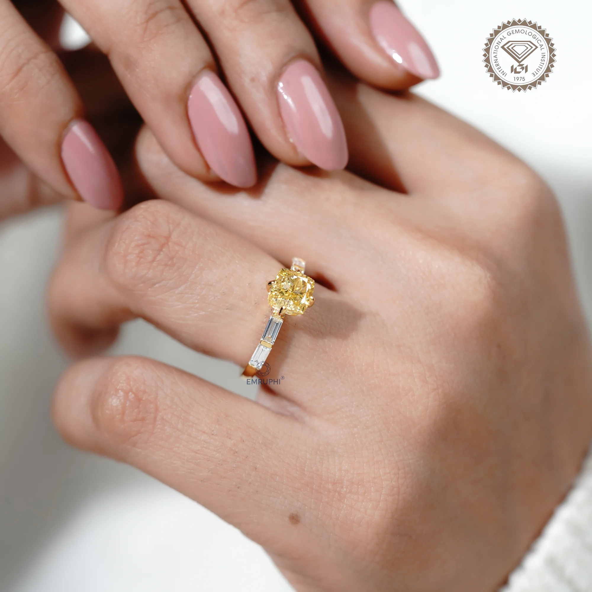 1.5 CT Vivid Yellow Cushion Cut Lab Diamond Ring, 18k Gold Baguette Side Stones — view 13