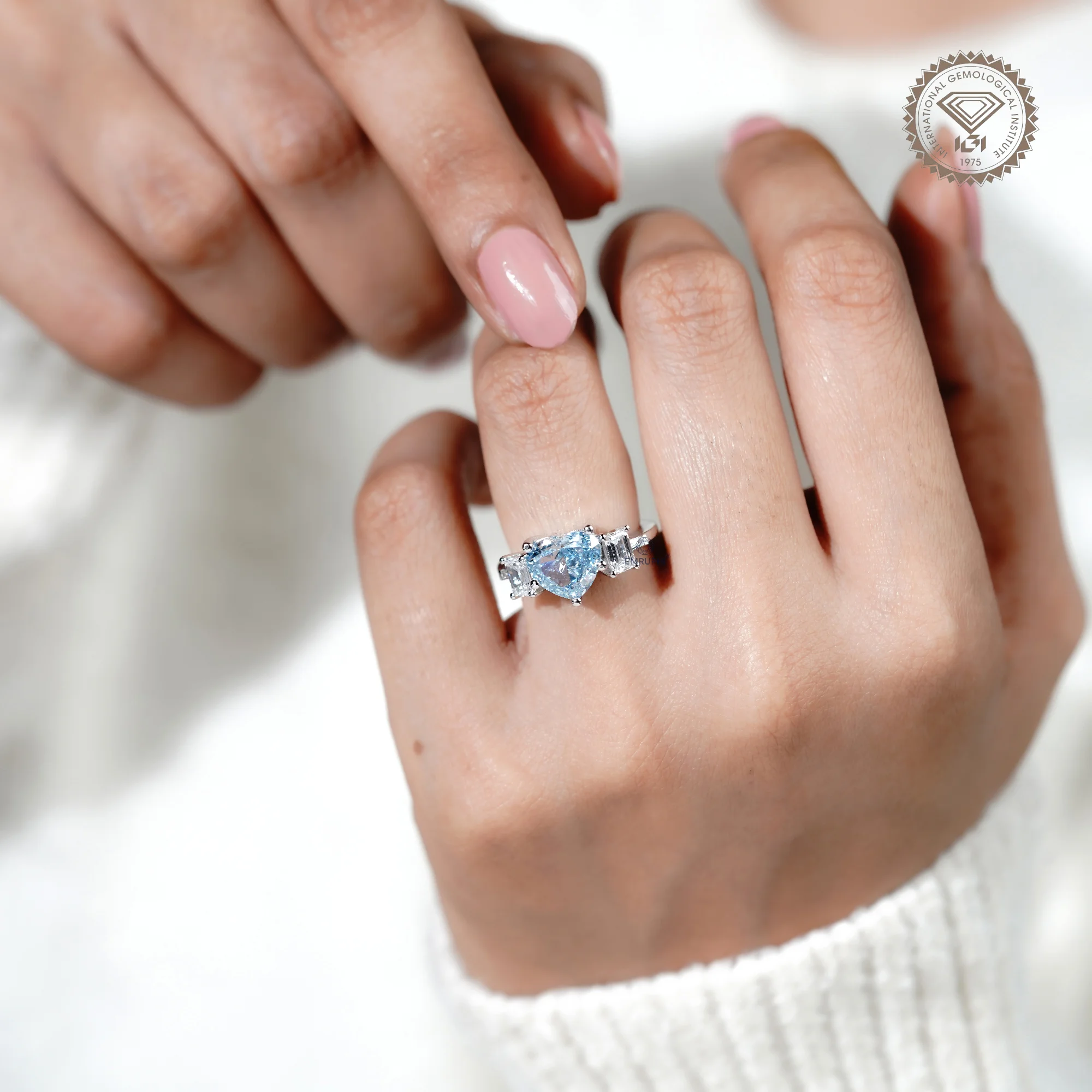 Heart Cut Vivid Blue Lab Diamond Ring, 14k Gold Emerald Accented Engagement Ring — view 10