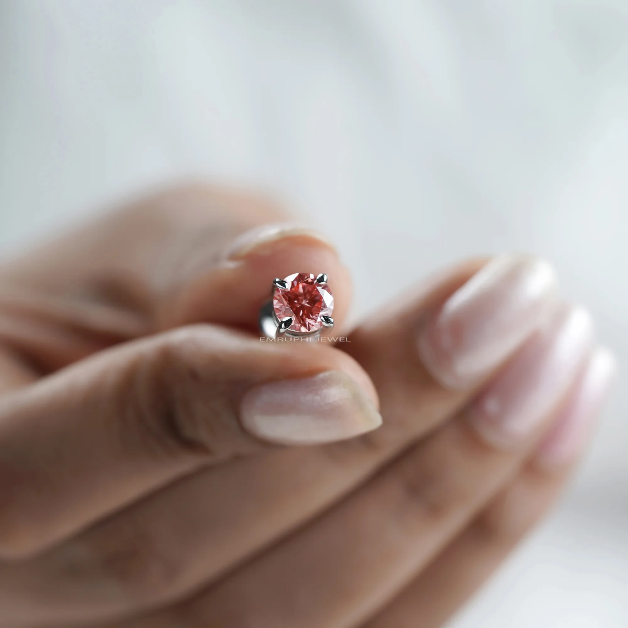 Lab Grown Pink Diamond Stud Earrings, 1 CT Round White Gold Solitaire (IGI Certified) — view 10