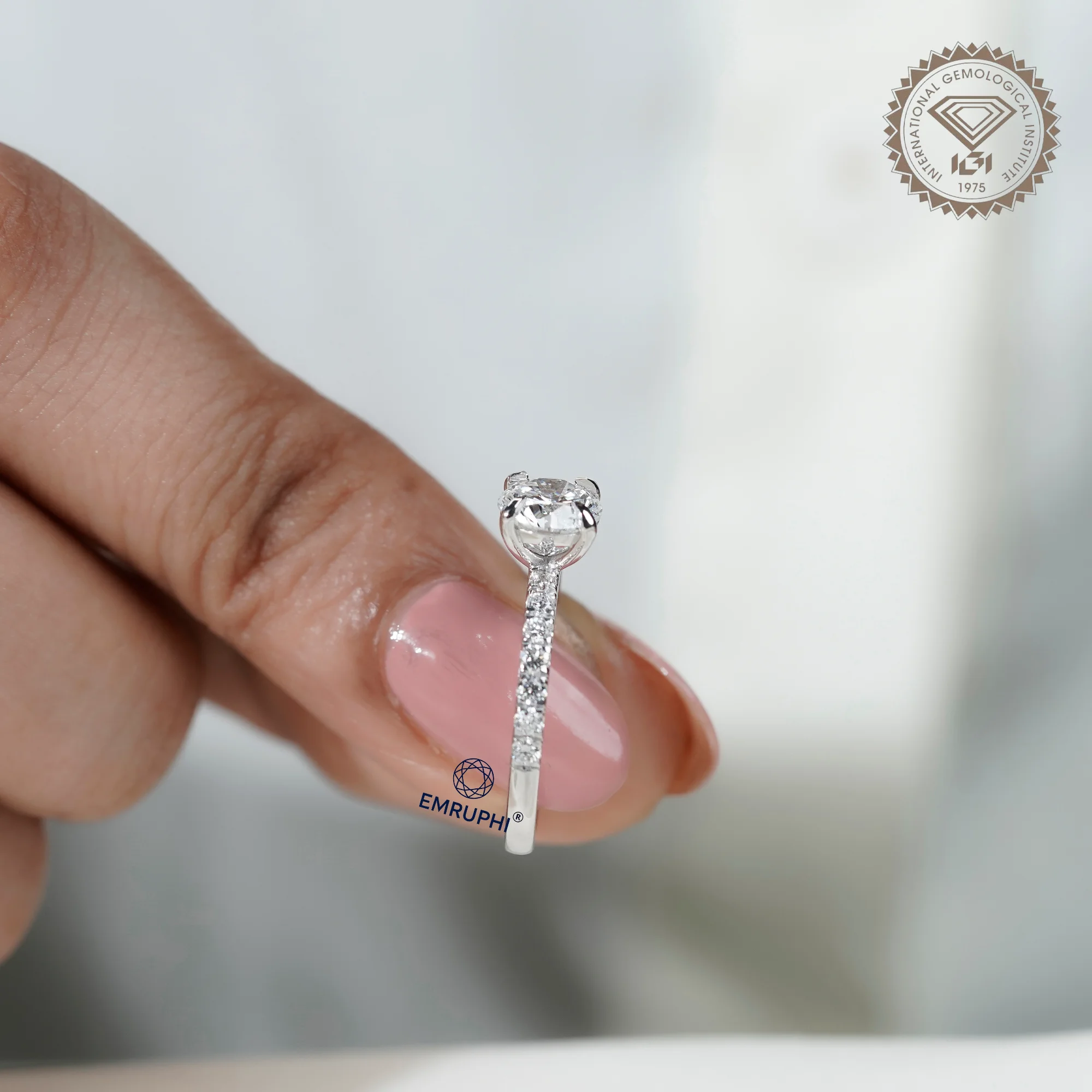 1 Carat Round Cut Lab Grown Diamond Engagement Ring, Pavé Side Stones — view 6