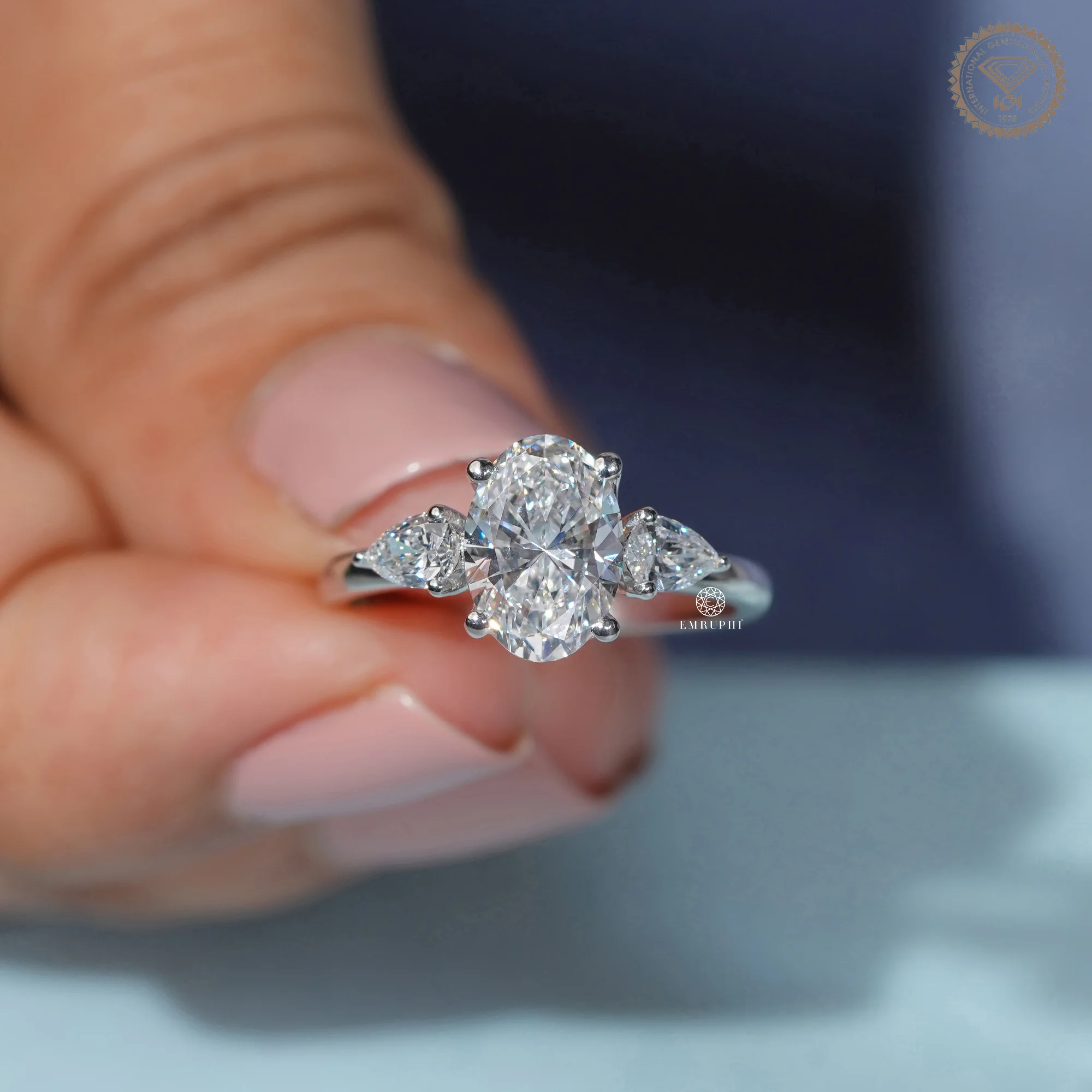 1.60 CT Oval Cut Lab Grown Engagement Ring With Pear Side Stone, Oval Three Stone Diamond Ring — view 5