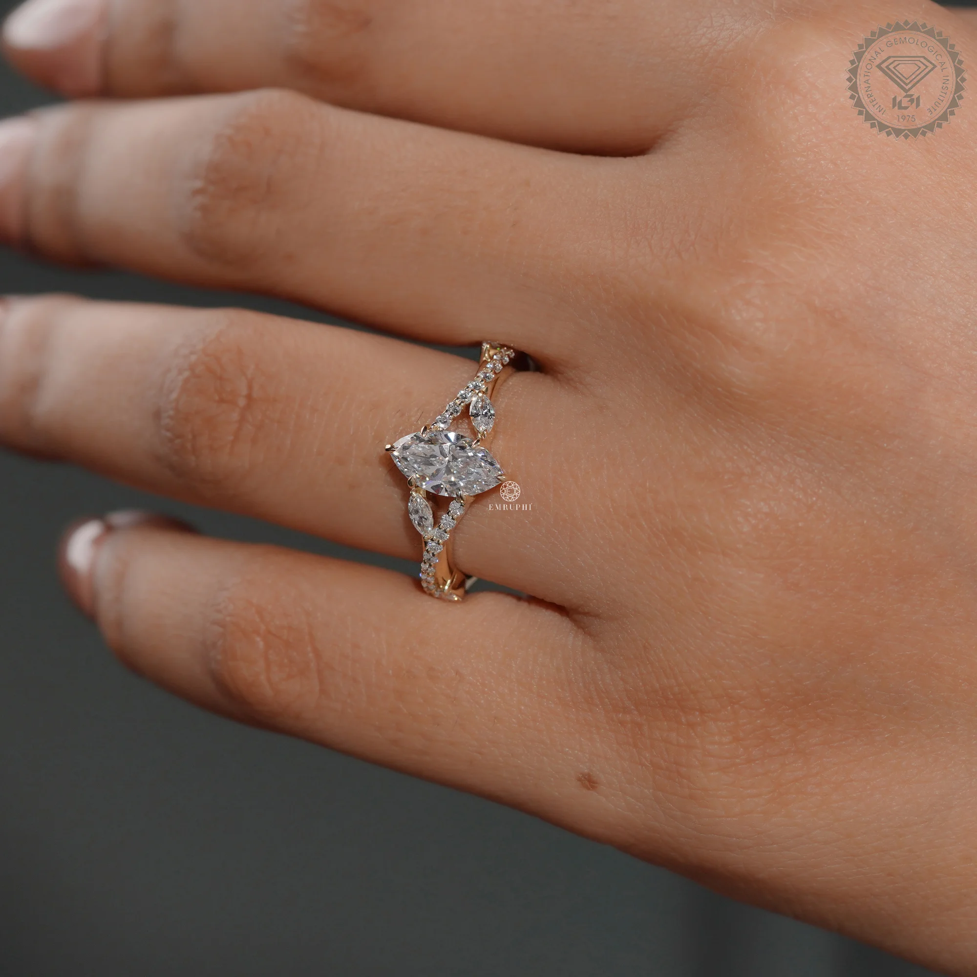 1.00 CT Marquise Lab Grown Diamond Engagement Ring, Twisted Diamond Band — view 6