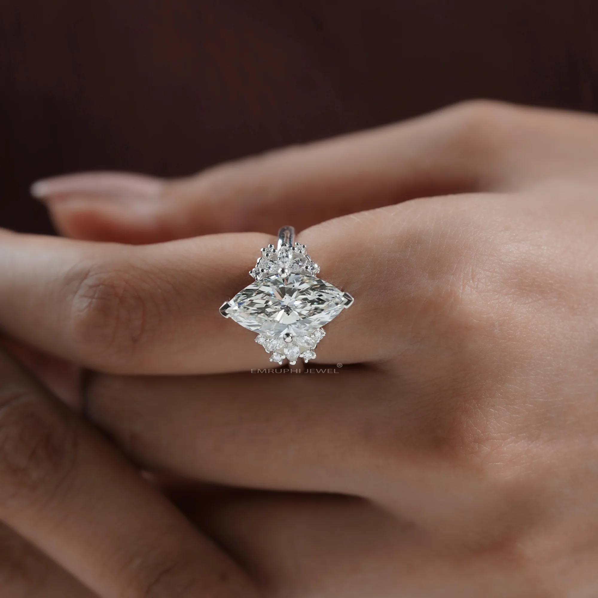 3.50 Carat Marquise Lab Grown Diamond Ring, Gold Cluster Engagement Ring — view 6