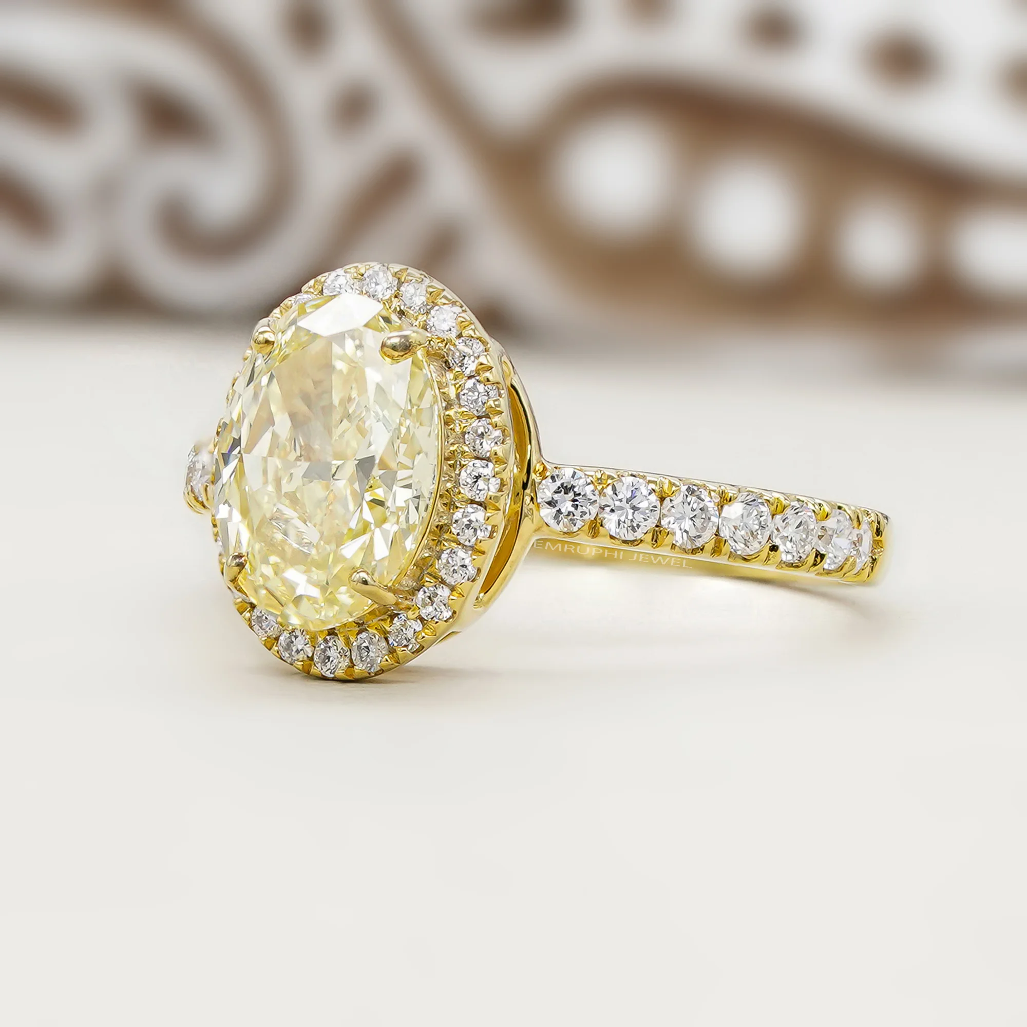 1.50 CT Lab-Grown Yellow Diamond Ring, 14K Gold Vintage Halo Engagement Ring — view 2