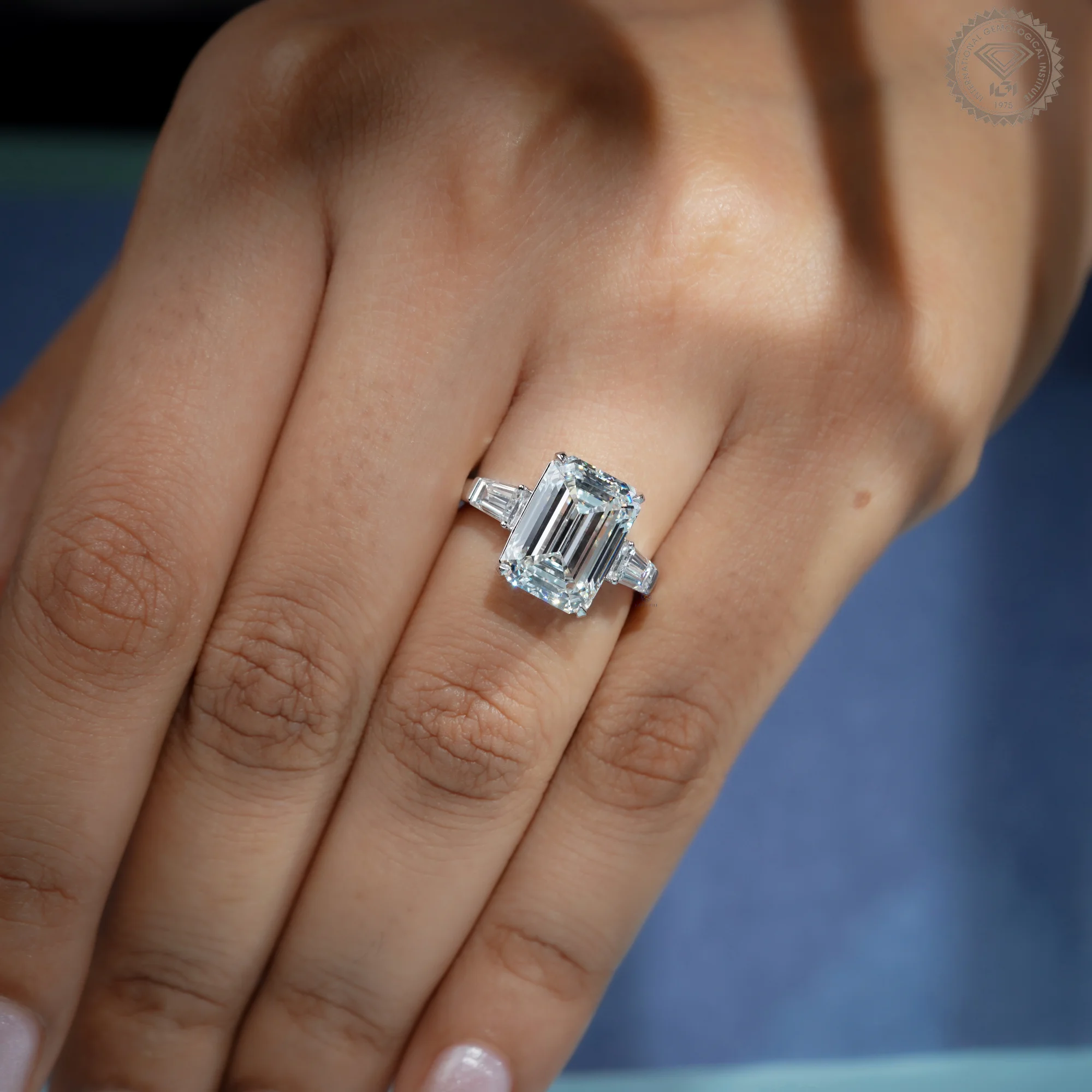 6 CT Emerald Cut Lab Grown Diamond Ring, Tapered Baguette Three Stone Engagement Ring, IGI Certified — view 11
