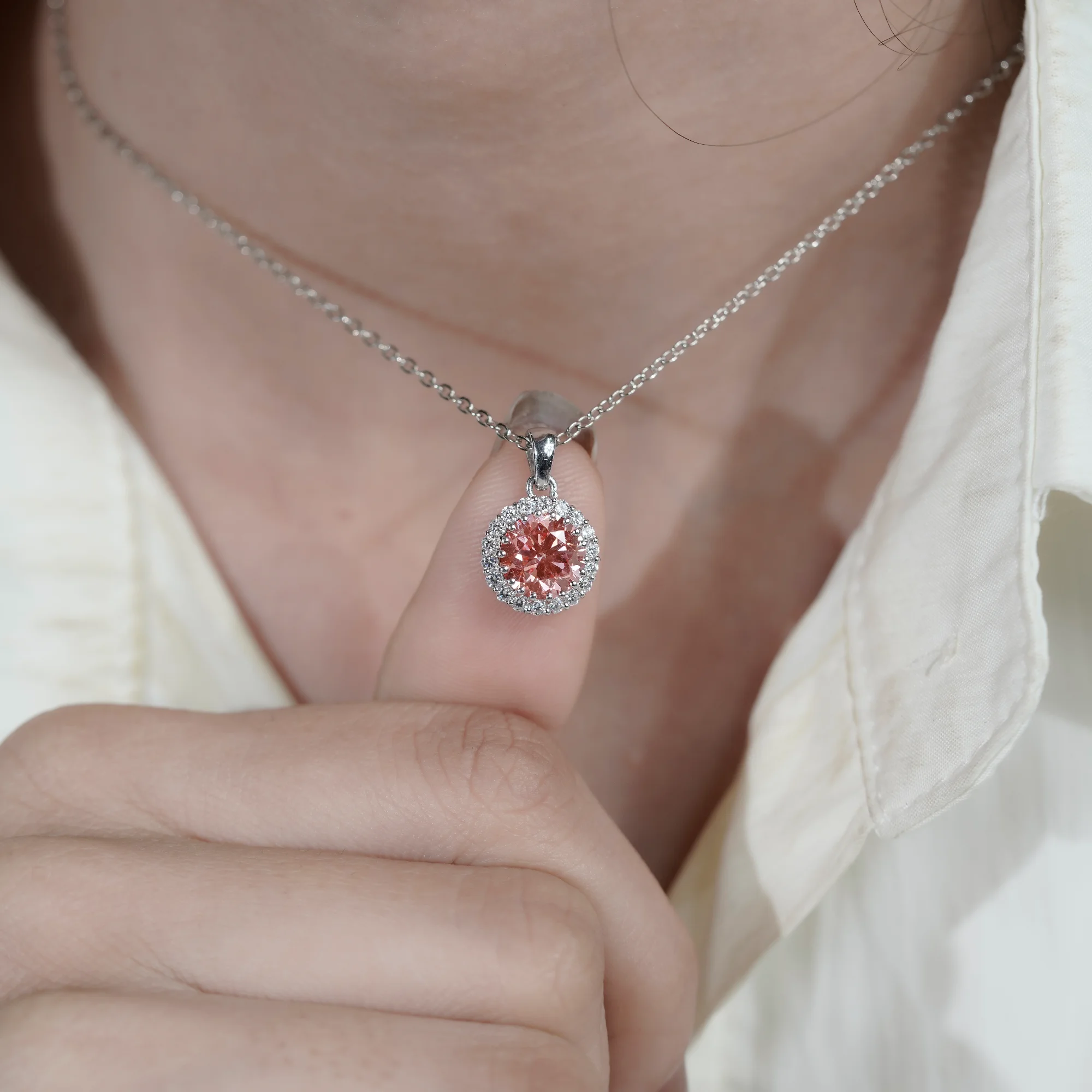 Vivid Pink Round Halo Pendant, Certified Lab Grown Diamond — view 12