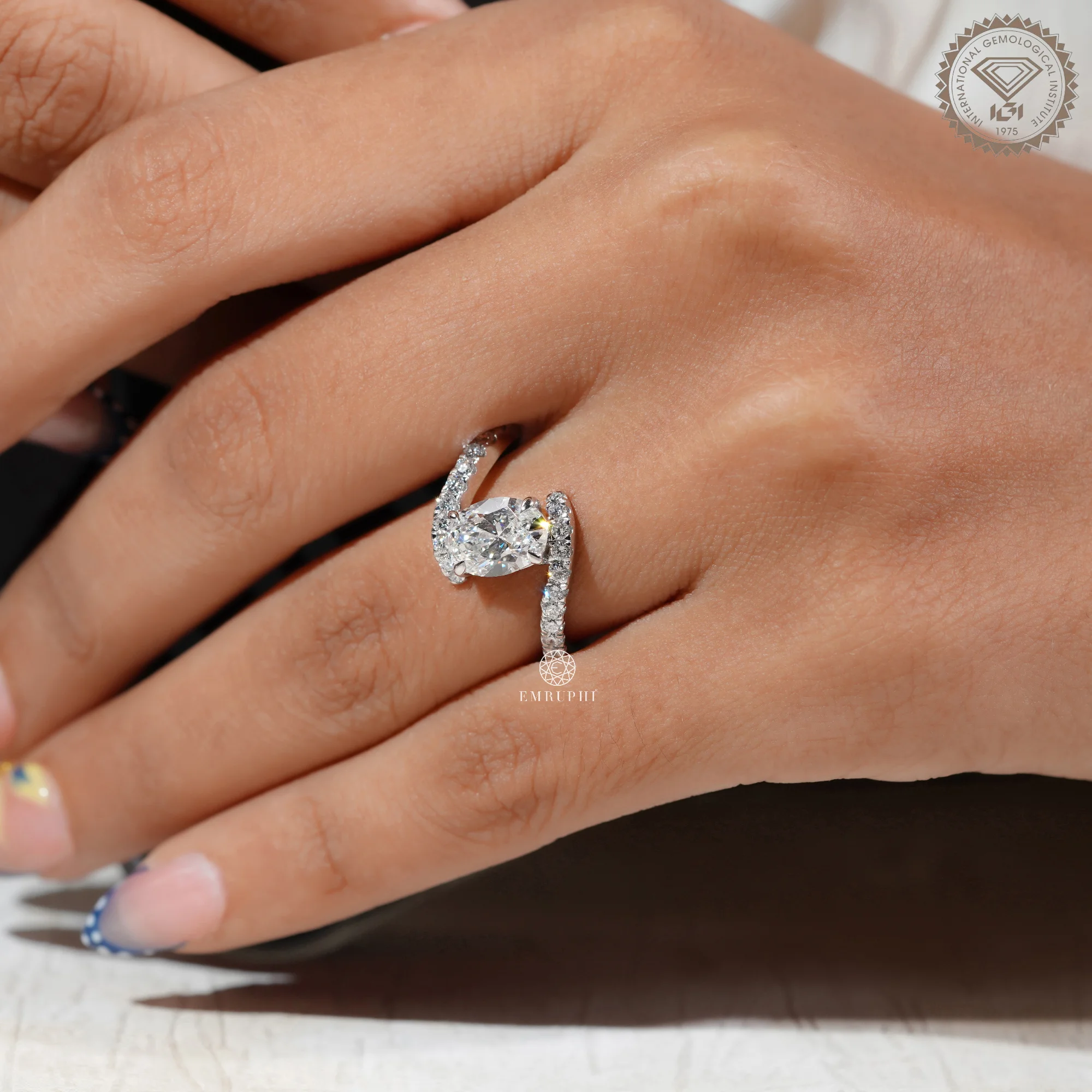 Oval Lab Grown Diamond Engagement Ring, Curved Diamond Band, Double Band Solitaire Ring — view 8