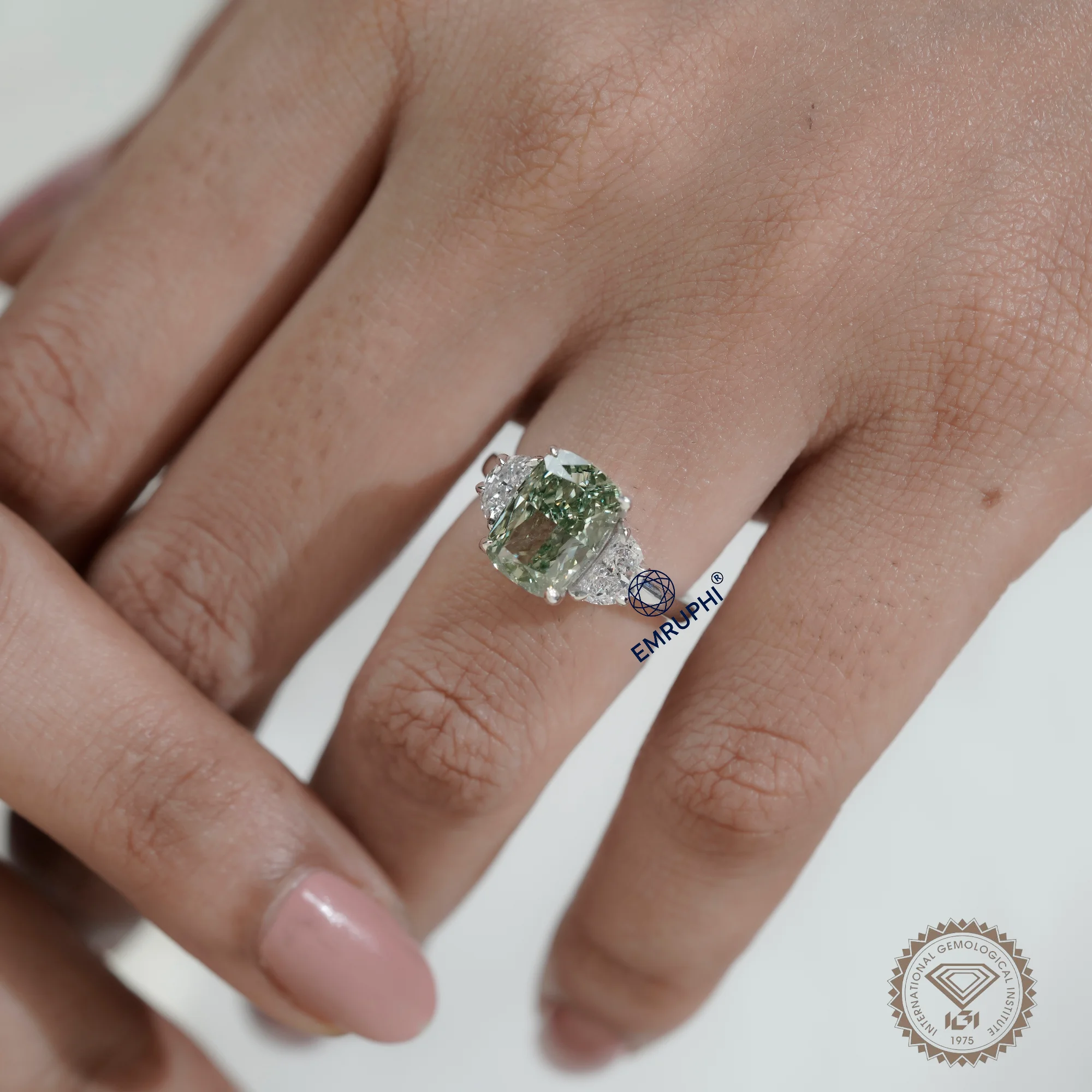 Vivid Green Cushion Diamond Three Stone Ring, 14K Gold Engagement Ring (IGI Certified) — view 9