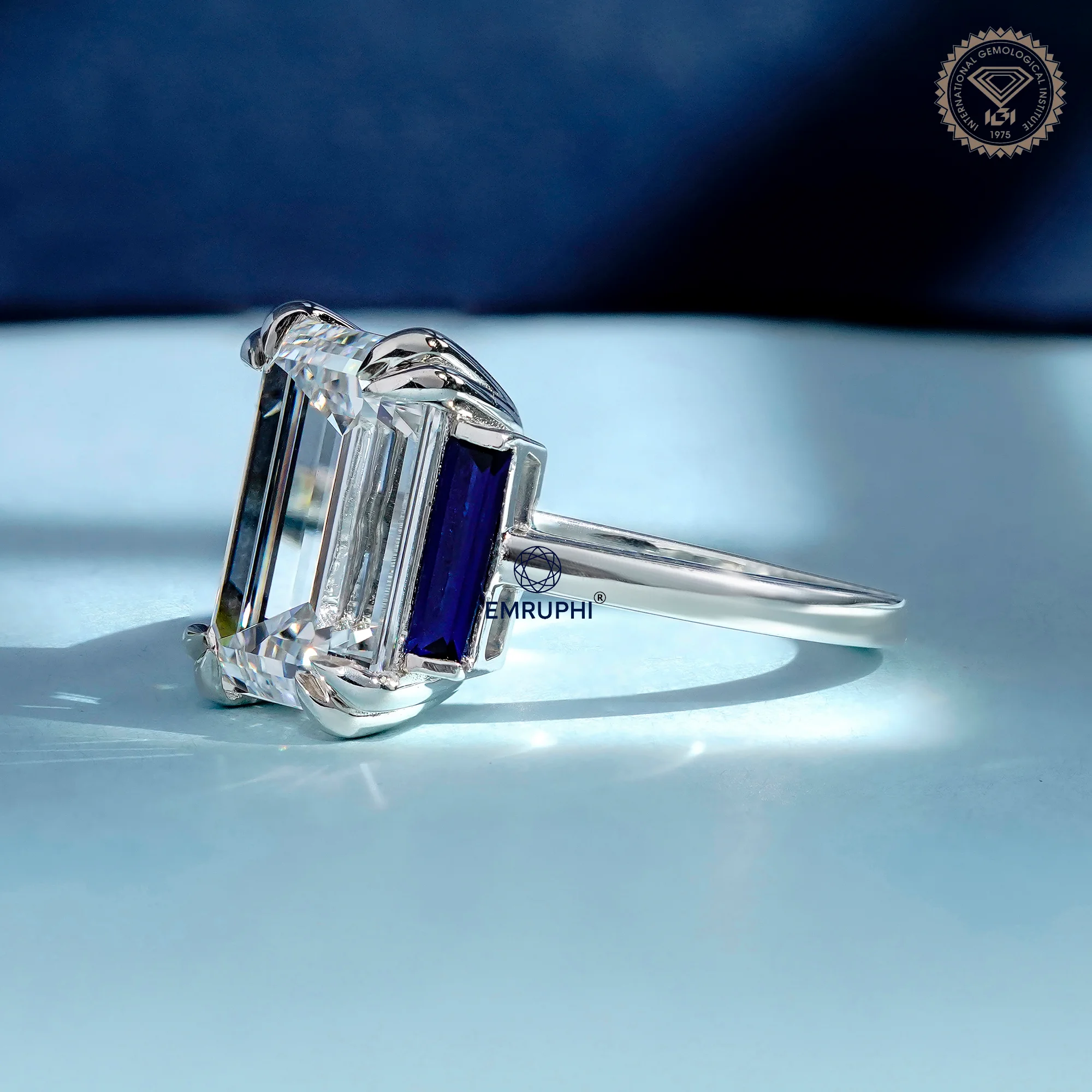 6 CT Emerald Cut Three Stone Engagement Ring with Sapphire Side Stones, Lab Grown Diamond Ring, Vintage Bridal Ring — view 2