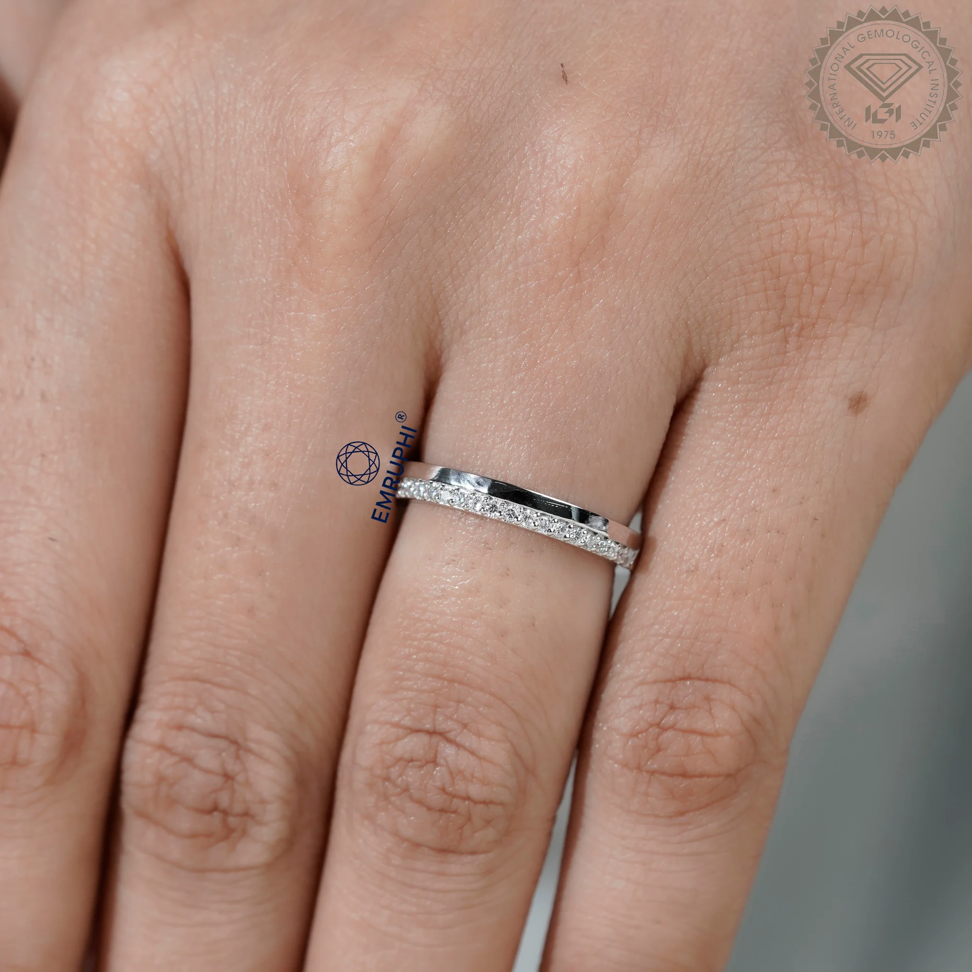 3 MM Pave Set Lab Diamond Wedding Band, Half Diamond Half Plain Band, Anniversary Gift — view 10