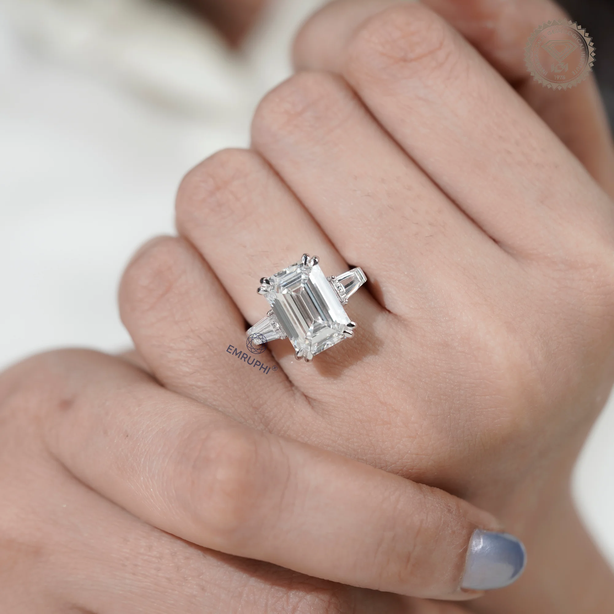 7 Carat Emerald Cut Lab Grown Diamond Engagement Ring | Trapezoid Side Stones — view 11