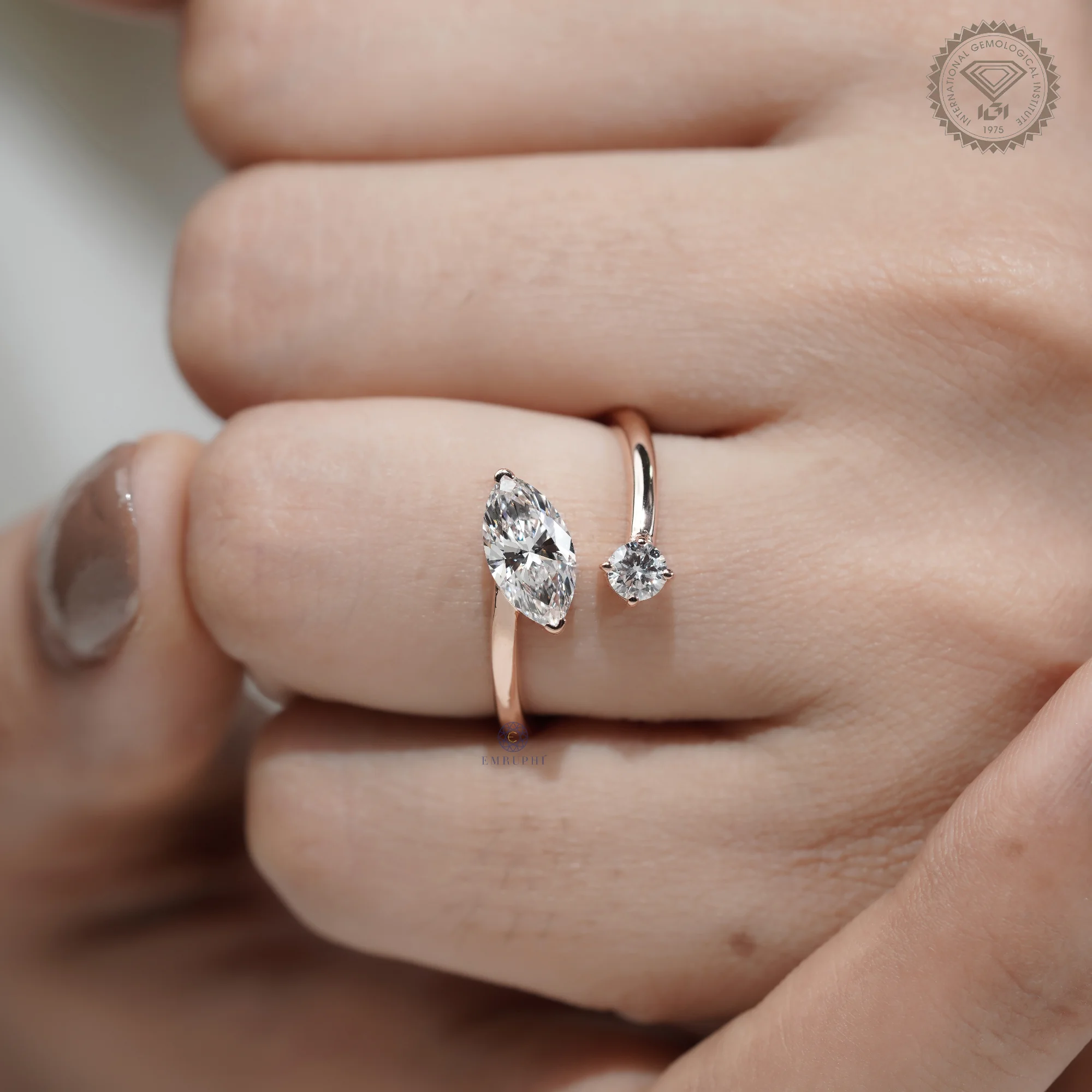 Marquise & Round Lab Grown Diamond Toi et Moi Ring, Open Wrap Engagement Ring, 14K Rose Gold Minimalist Bridal Ring — view 11
