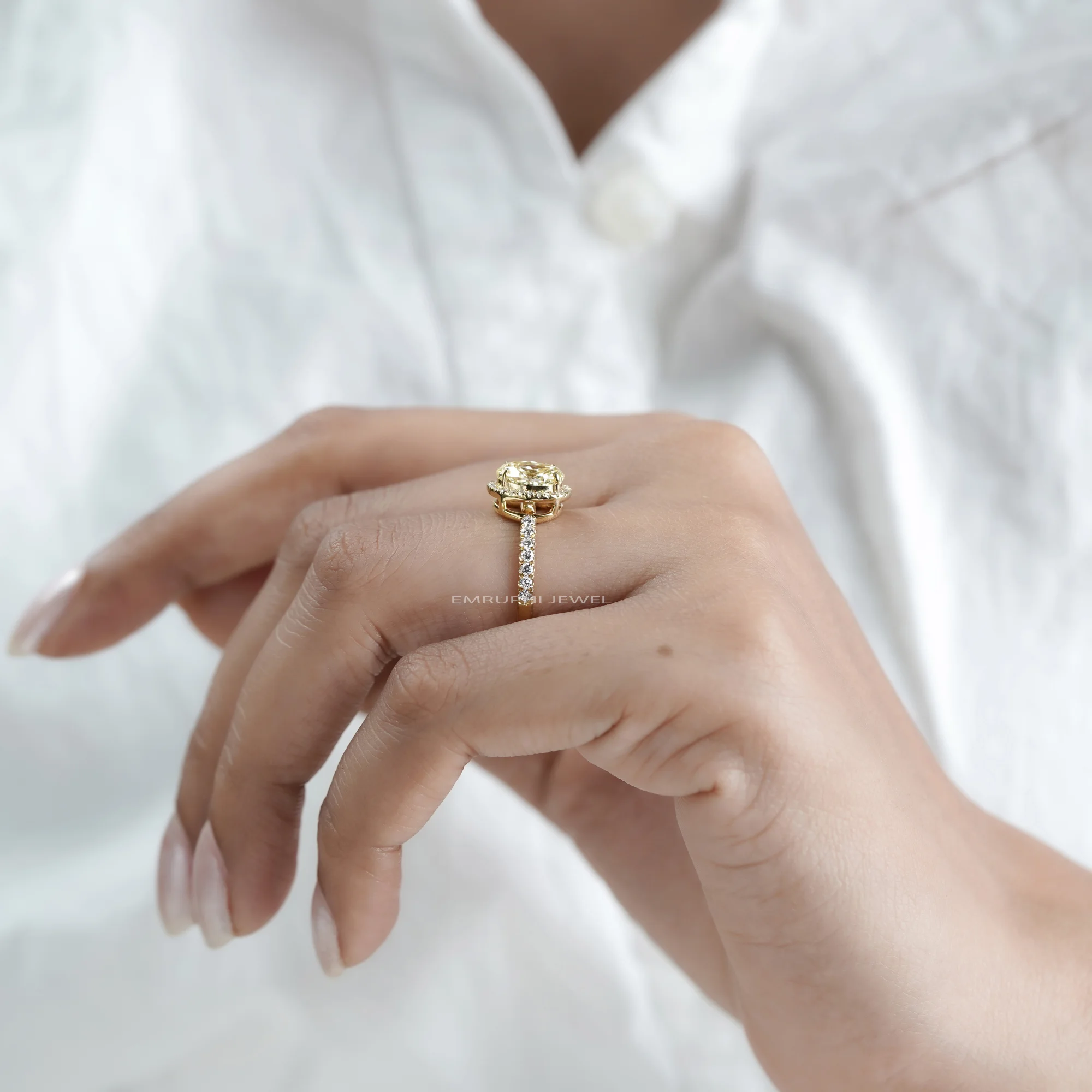 1.50 CT Lab-Grown Yellow Diamond Ring, 14K Gold Vintage Halo Engagement Ring — view 7